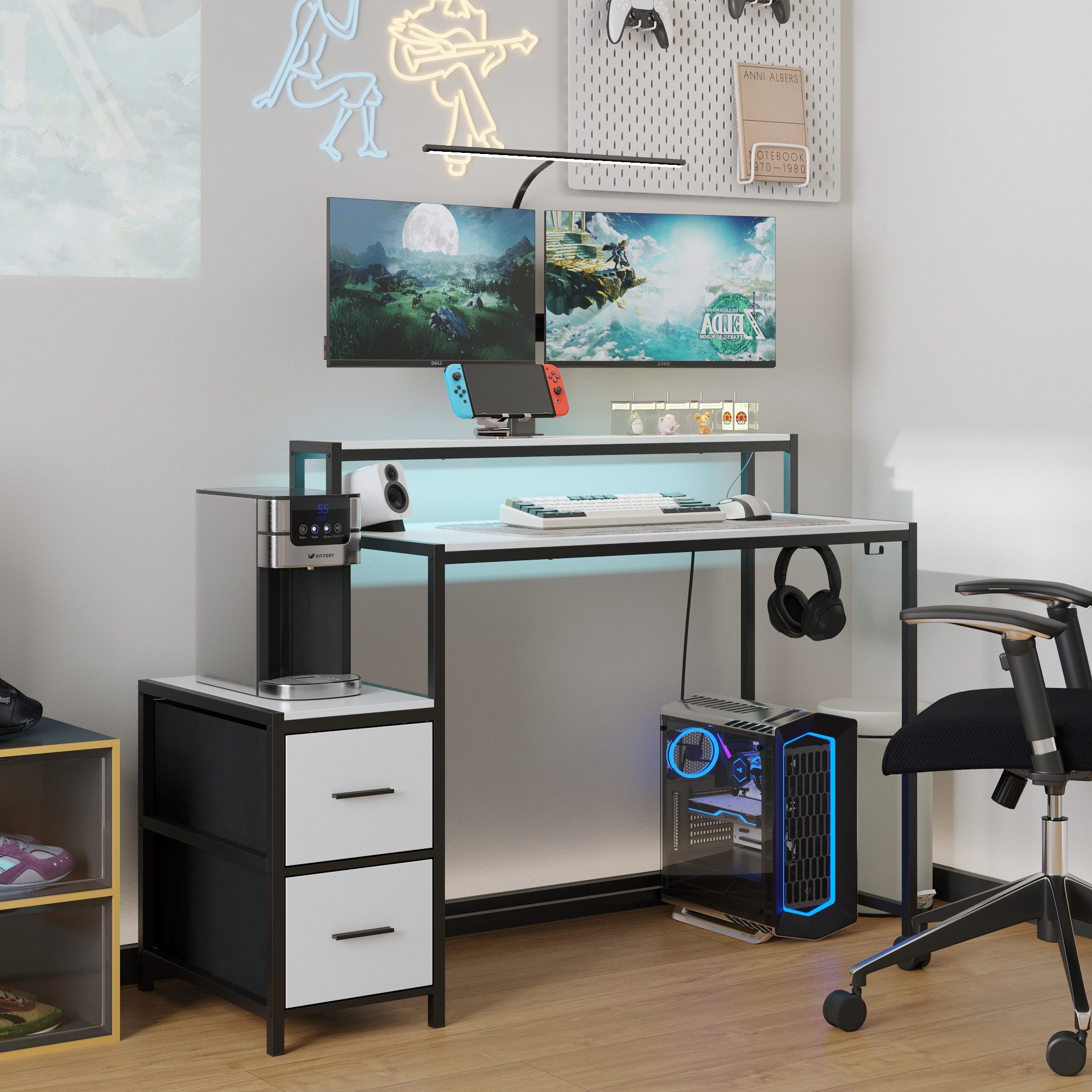 HOMSEE Computertisch Gaming-Schreibtisch mit RGB-LED-Beleuchtung, 100x48x90 cm (1-St), mit 2 Stoff-Schubladen & stabiler Metallkonstruktion