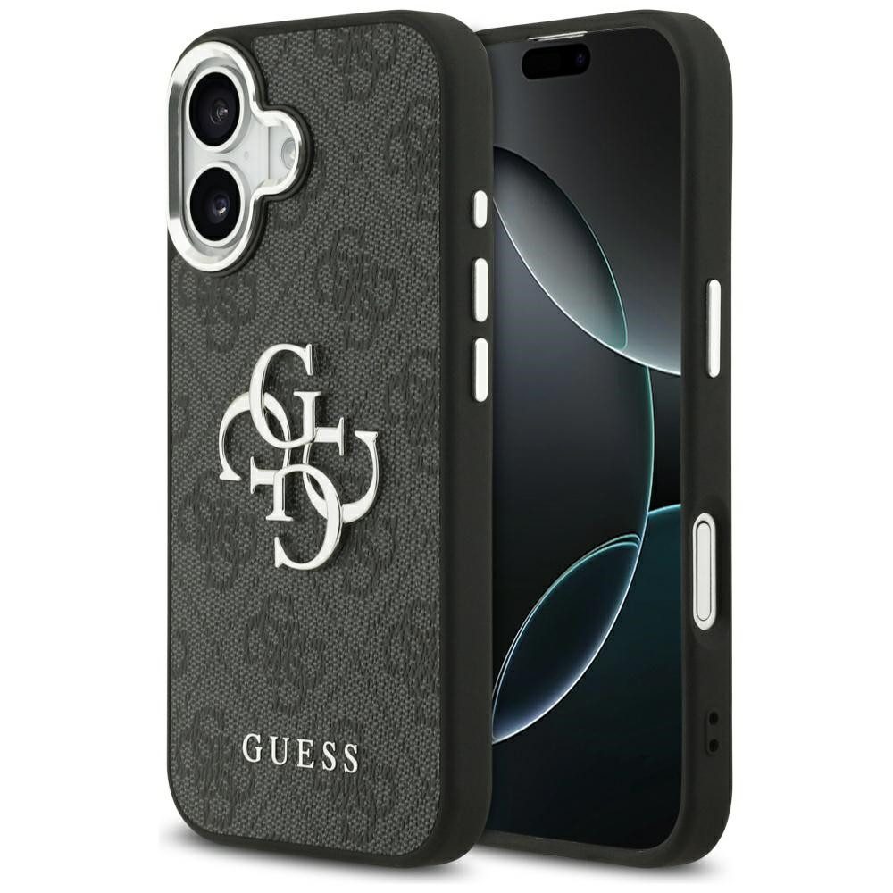 Guess Handyhülle iPhone 17 Kunstleder grau Big Logo Metall silber. 6,3 Zoll, Kantenschutz