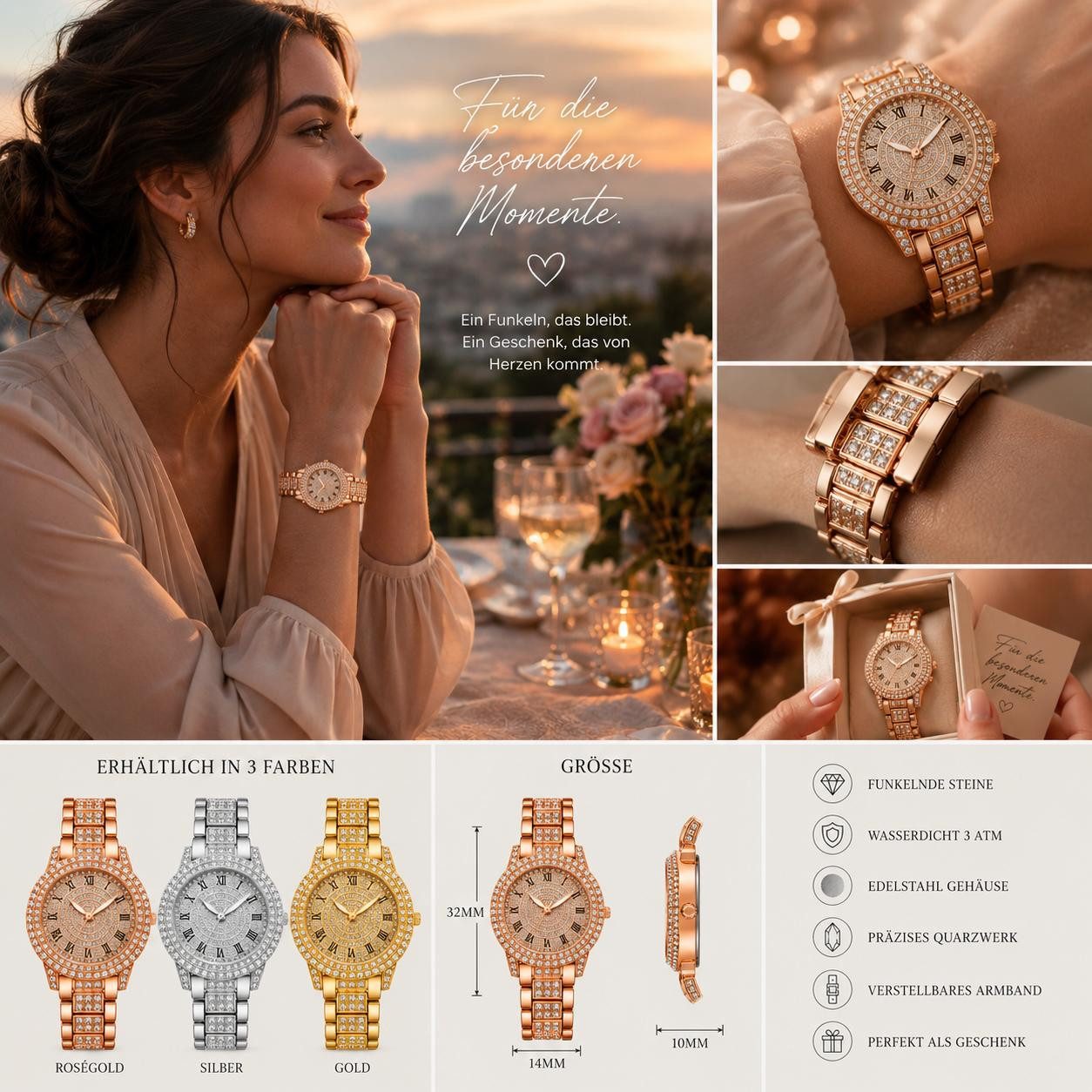 Taffstyle Quarzuhr Damen Kristall Armbanduhr Mädchen Uhr mit römischen Ziffern, (Edle Armbanduhr mit funkelnden Steinen in Gold, Silber oder Roségold erhältlich - Geschenkidee)