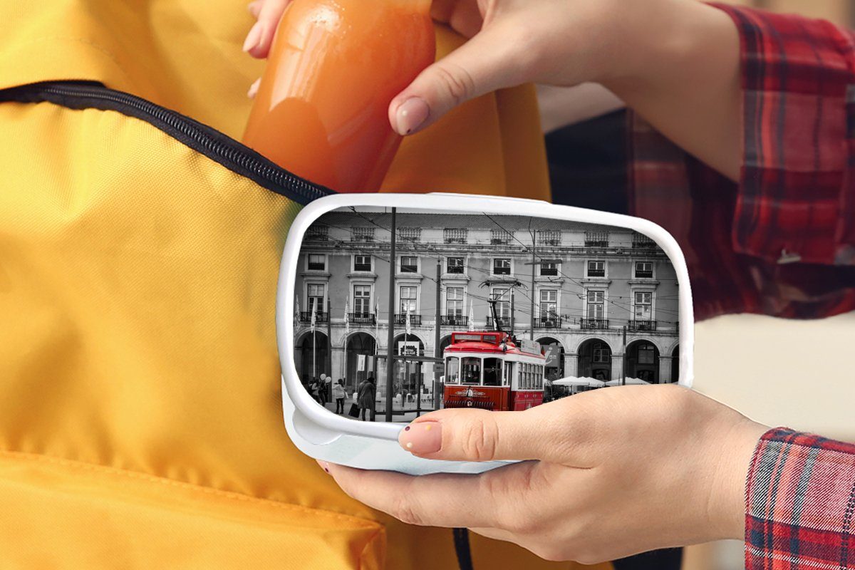 (2-tlg), einer für und Mädchen Brotdose, Kunststoff, Brotbox mit Jungs Straßenbahn, für Erwachsene, Lunchbox und roten Schwarz-Weiß-Foto Kinder MuchoWow