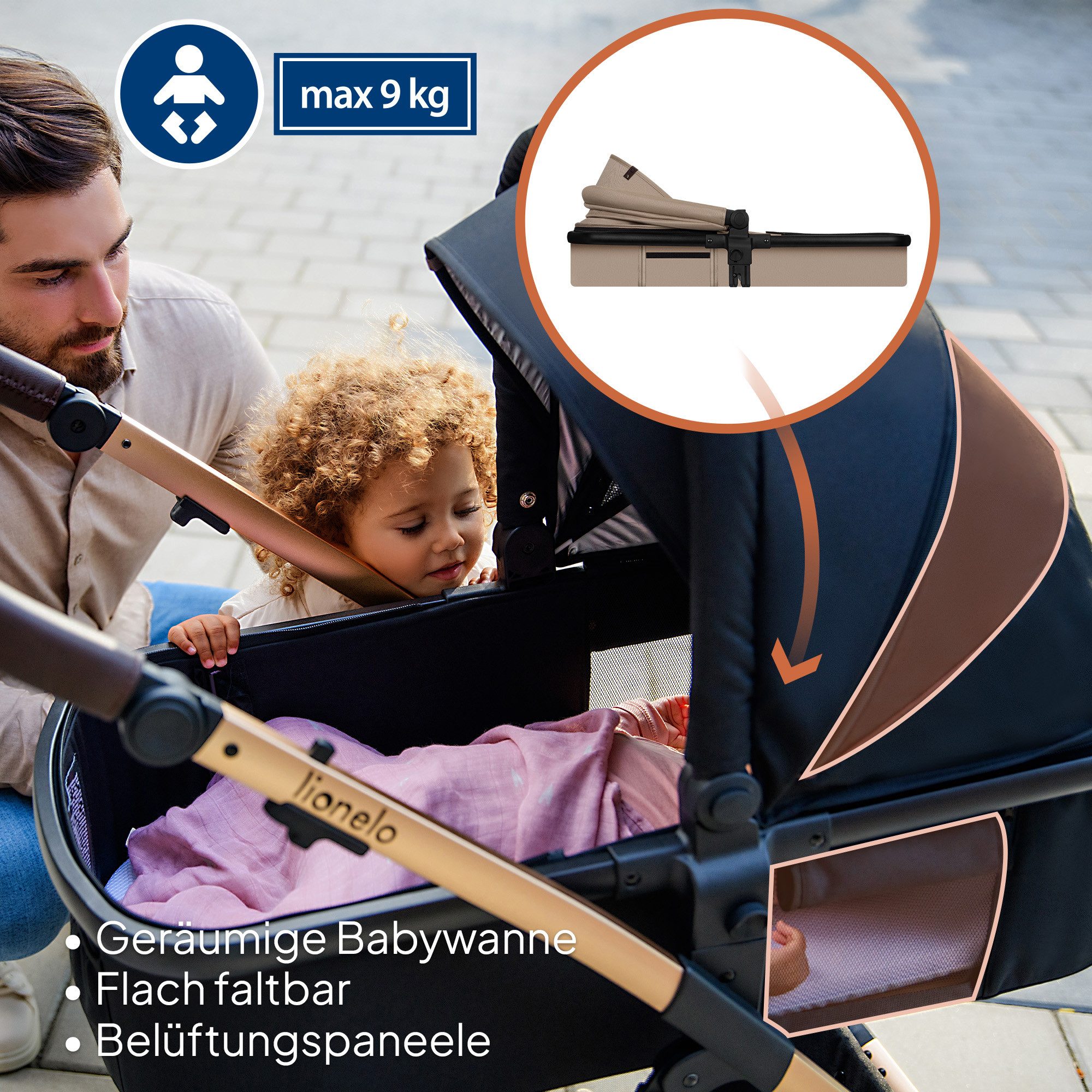 lionelo Kombi-Kinderwagen Amber 3in1, (Set), 3in1/babyschale 0-13kg/Tasche/Moskitonetz/Regenschutz/Boho