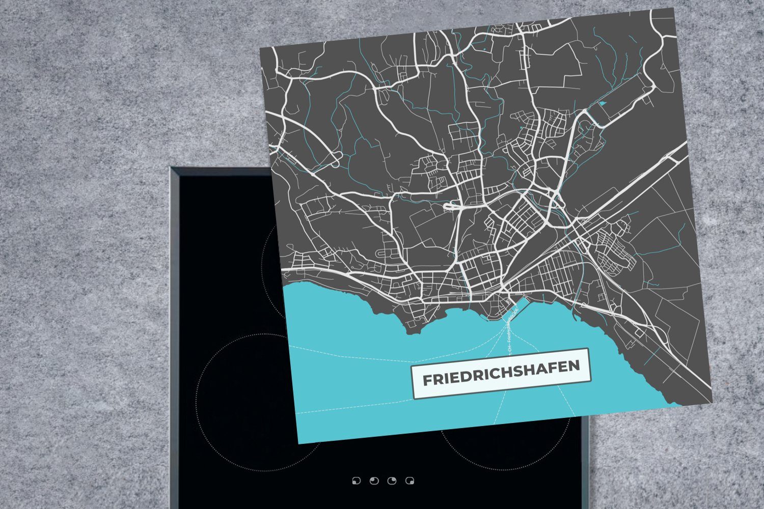 Ceranfeldabdeckung, Herdblende-/Abdeckplatte - küche (1 Stadtplan tlg), Arbeitsplatte 78x78 cm, Friedrichshafen - - Blau MuchoWow - Vinyl, für Karte, Deutschland