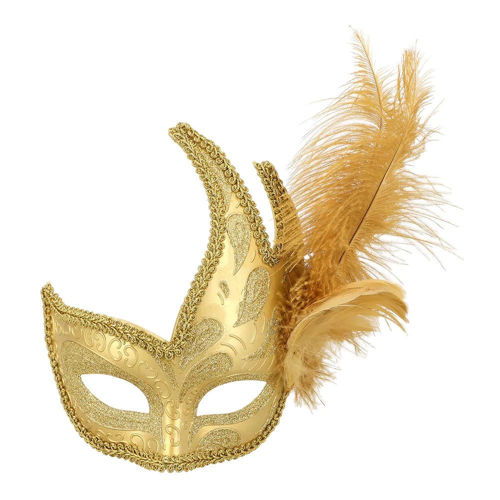Boland Verkleidungsmaske Augenmaske Venice Prezioso goldfarben venezianische Maske mit Feder, Feine Ornamente, Satinband, echte Hahnen- und Straußenfeder