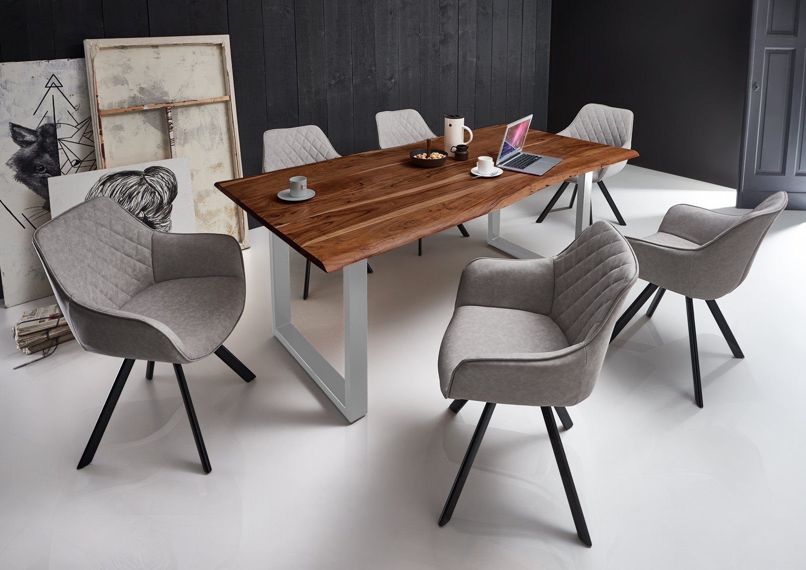 Junado® Essgruppe Milo, 7-teilig mit Tisch Baumkante und 6x Stuhl ALINA | Essgruppen