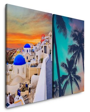 Sinus Art Leinwandbild 2 Bilder je 60x90cm Griechenland Santorini Palmen Süden Mittelmeer Traumurlaub Roter Himmel