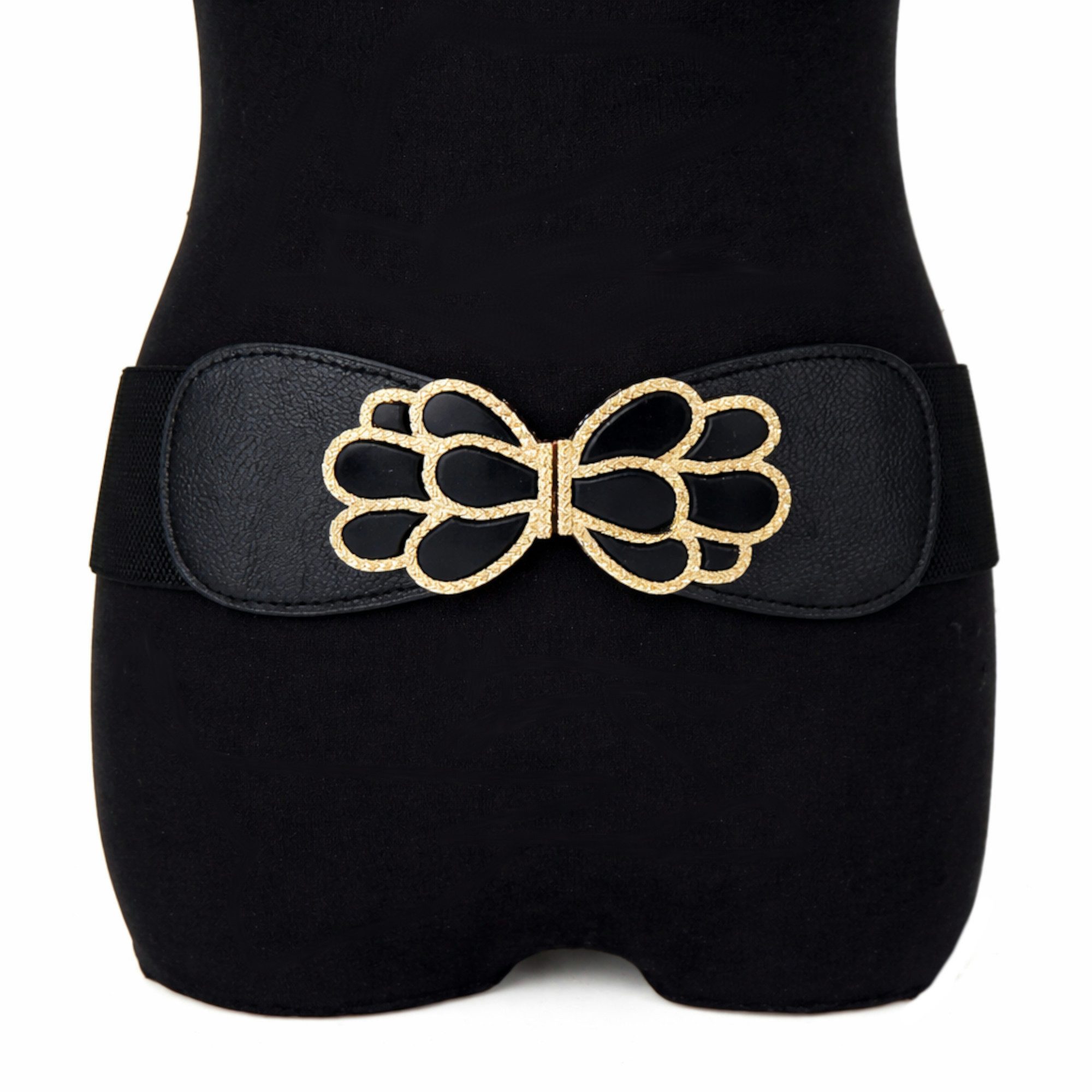 Ella Jonte Stretchgürtel schwarz mit goldener Statement Schmetterlingsschnalle 85 - 95 cm