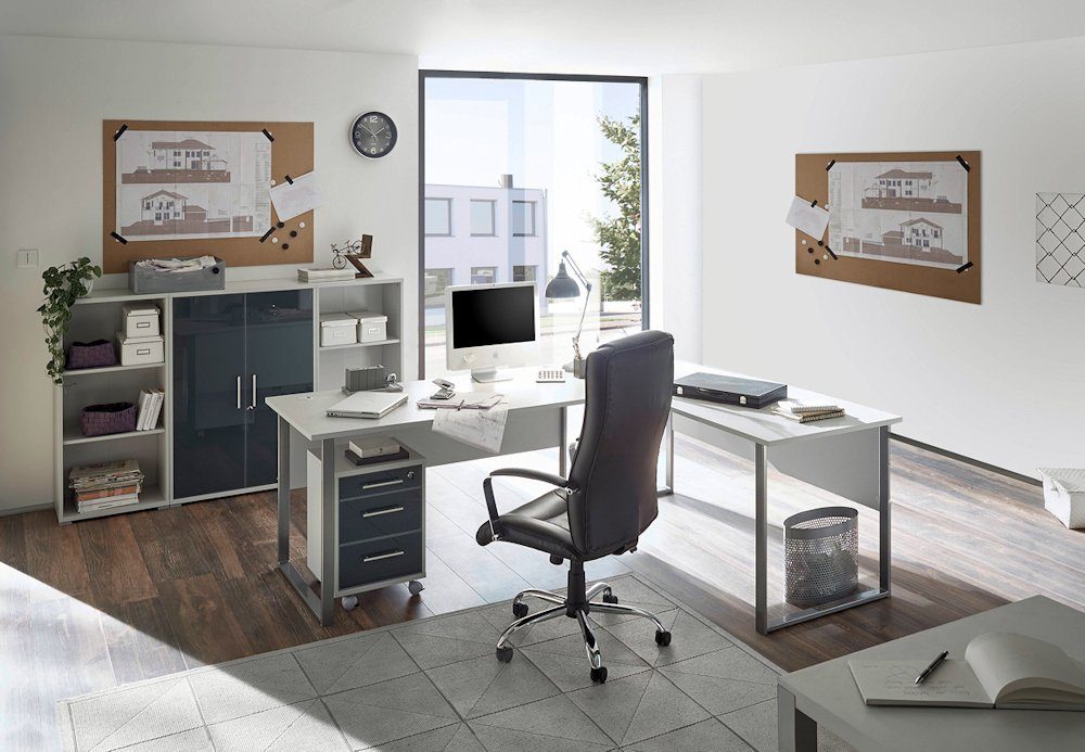 moebel-dich-auf Eckschreibtisch OFFICE graphit Set LUX (Büromöbel / 1), lichtgrau abschließbar, 5-St., Glas