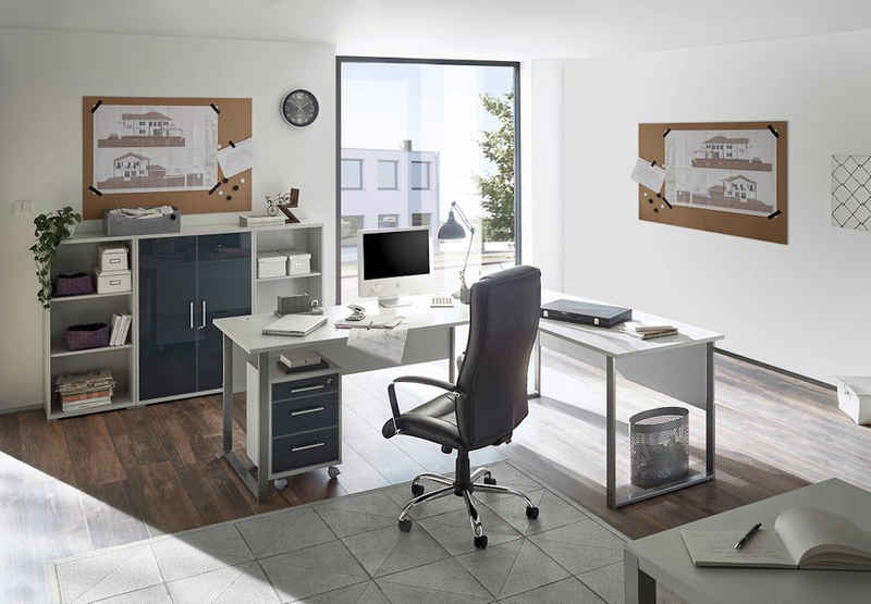 moebel-dich-auf Eckschreibtisch OFFICE LUX (Büromöbel abschließbar, 5-St., Set 1), lichtgrau / Glas graphit
