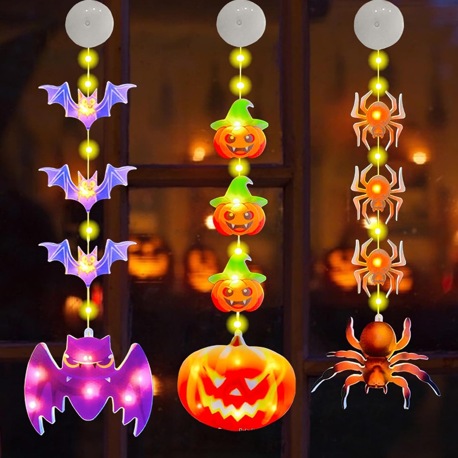 FELIXLEO LED-Lichterkette Halloween Fensterdeko LED, 3 Stück Kürbislichter mit Saugnapf