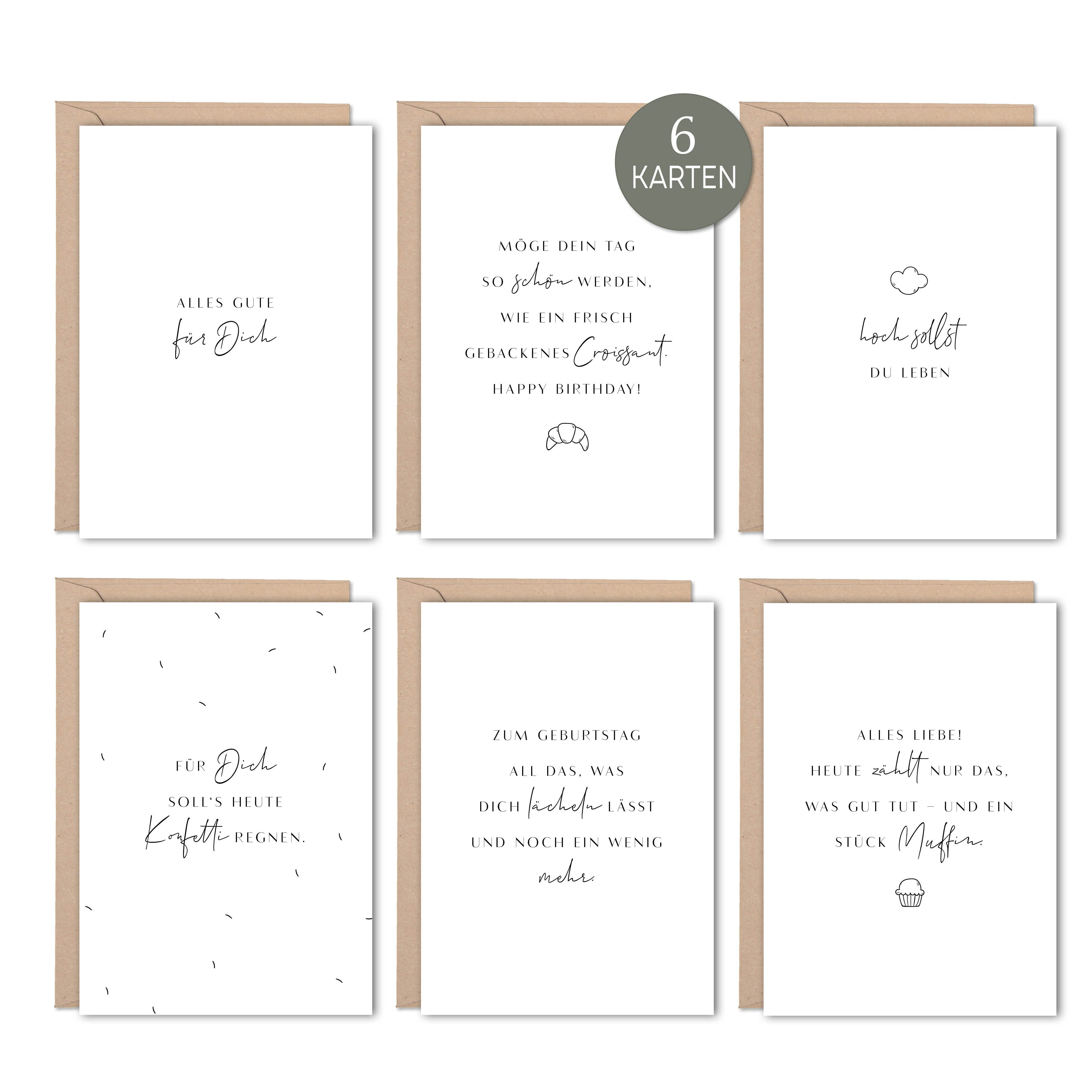 Geburtstagskarten Spruchkarten im 6er Set, Minimalistisches Schwarz-Weiß Design