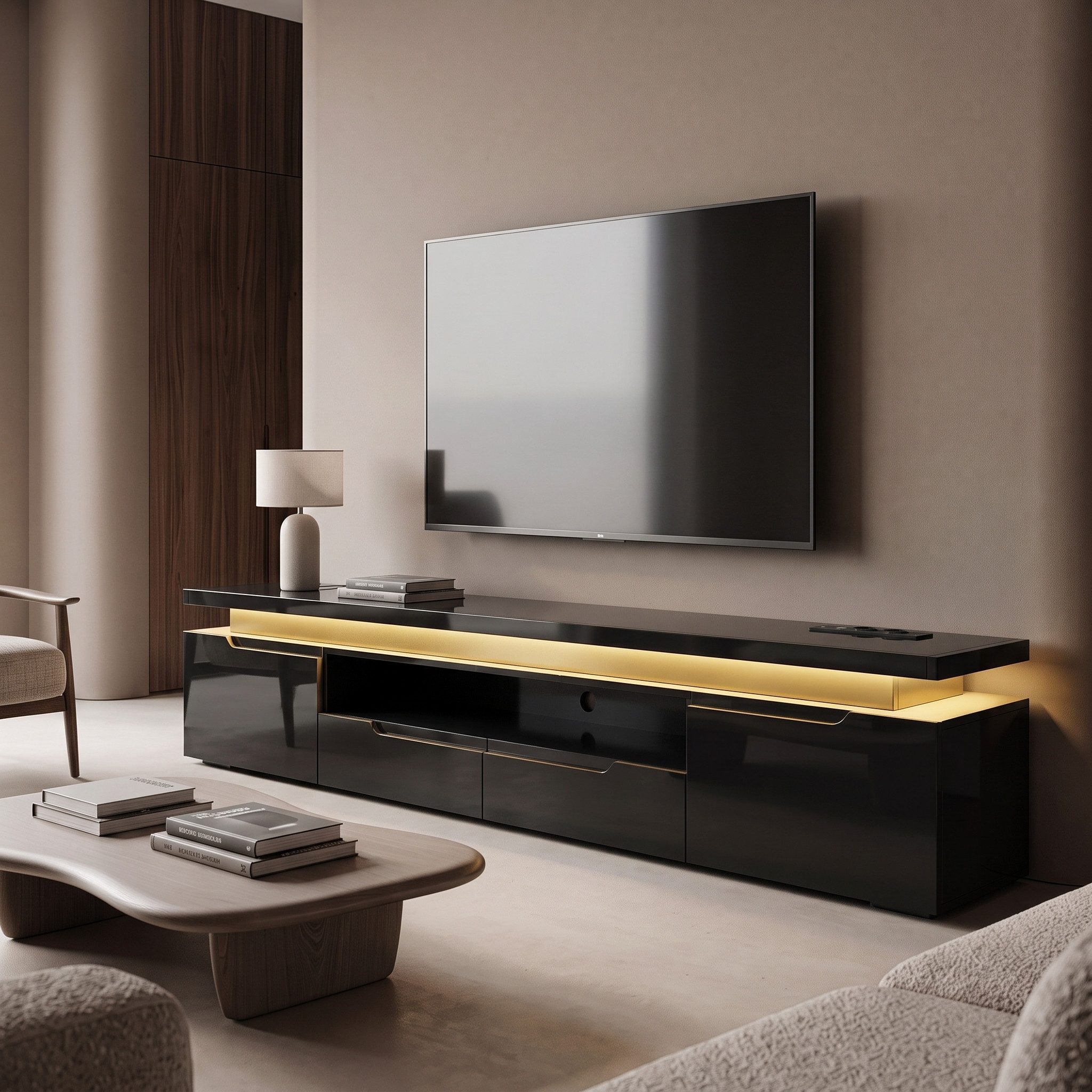 PXloue TV-Schrank in wohnzimmerd TV-Lowboard mit LED-Beleuchtung und Steckdosen Mit 2 Türen, Regalen und viel Stauraum 180 x 35 x 52 cm – Bild 2 von 5