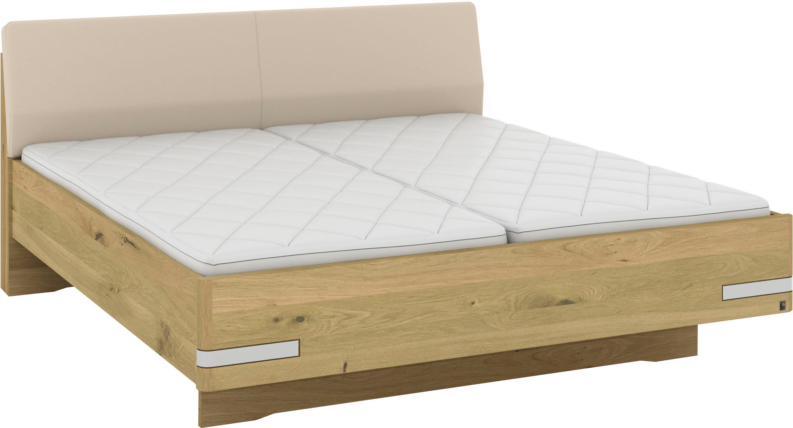 Musterring Holzbett Savona, Bettgestell, Bettrahmen, teilmassiv Bianco-Eiche (Belastbarkeit 220 Kg, 4-fache Liegehöhenverstellung, MADE IN GERMANY), Kopfteil Kunstleder Champagner, Details in Chrom, verschiedene Größen