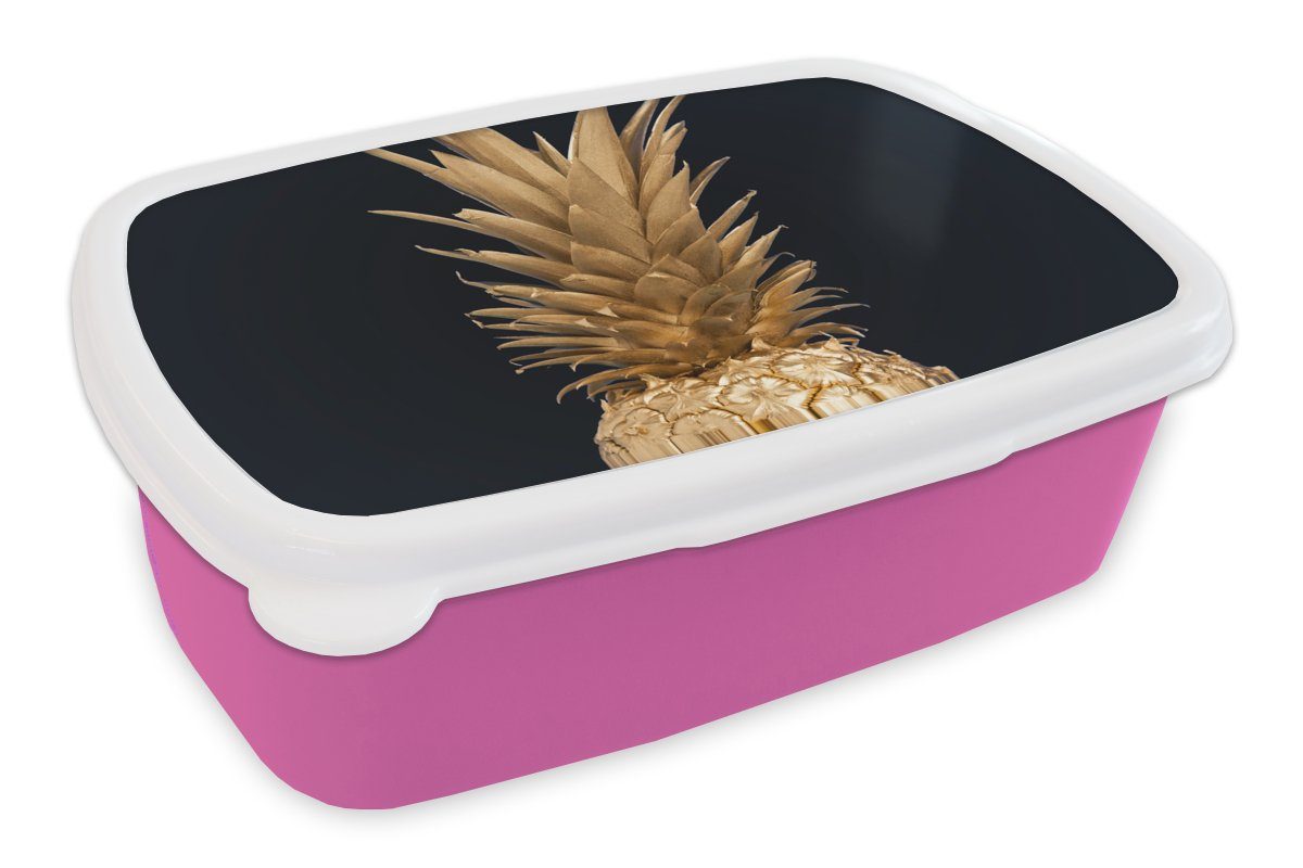 Schwarz Brotdose Ananas Mädchen, Gold Snackbox, MuchoWow Kunststoff für Luxus, Kunststoff, rosa Kinder, Brotbox Lunchbox Farbe Erwachsene, - - - Obst - - (2-tlg),