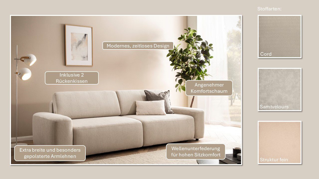 Home affaire 3-Sitzer TORGE (257cm), Sofa,Schlafsofa in Cord, Samtvelours, Struktur fein, rundes Design, Schlaffunktion u. Bettkasten, Liegefläche: 135/200 cm