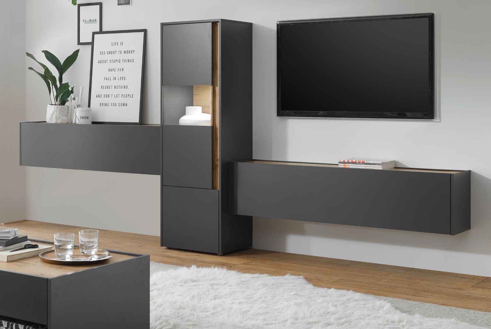 Furn.Design Wohnwand Center, Breite 350 cm, grau und Wotan Eiche