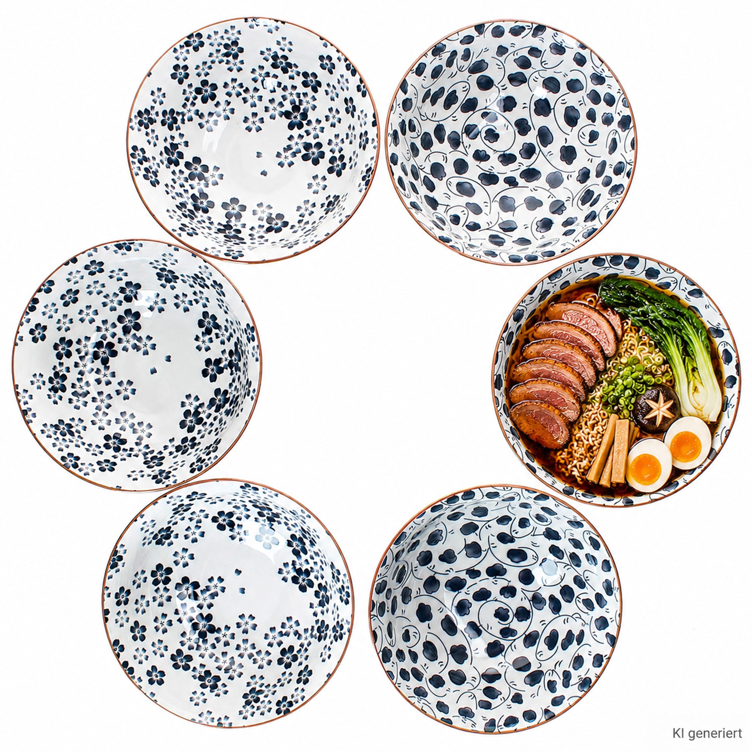 MamboCat Müslischale 6er Set Totto Bowl 21cm Steingut Blau Weiß Relief Servierschale Salat, Steingut