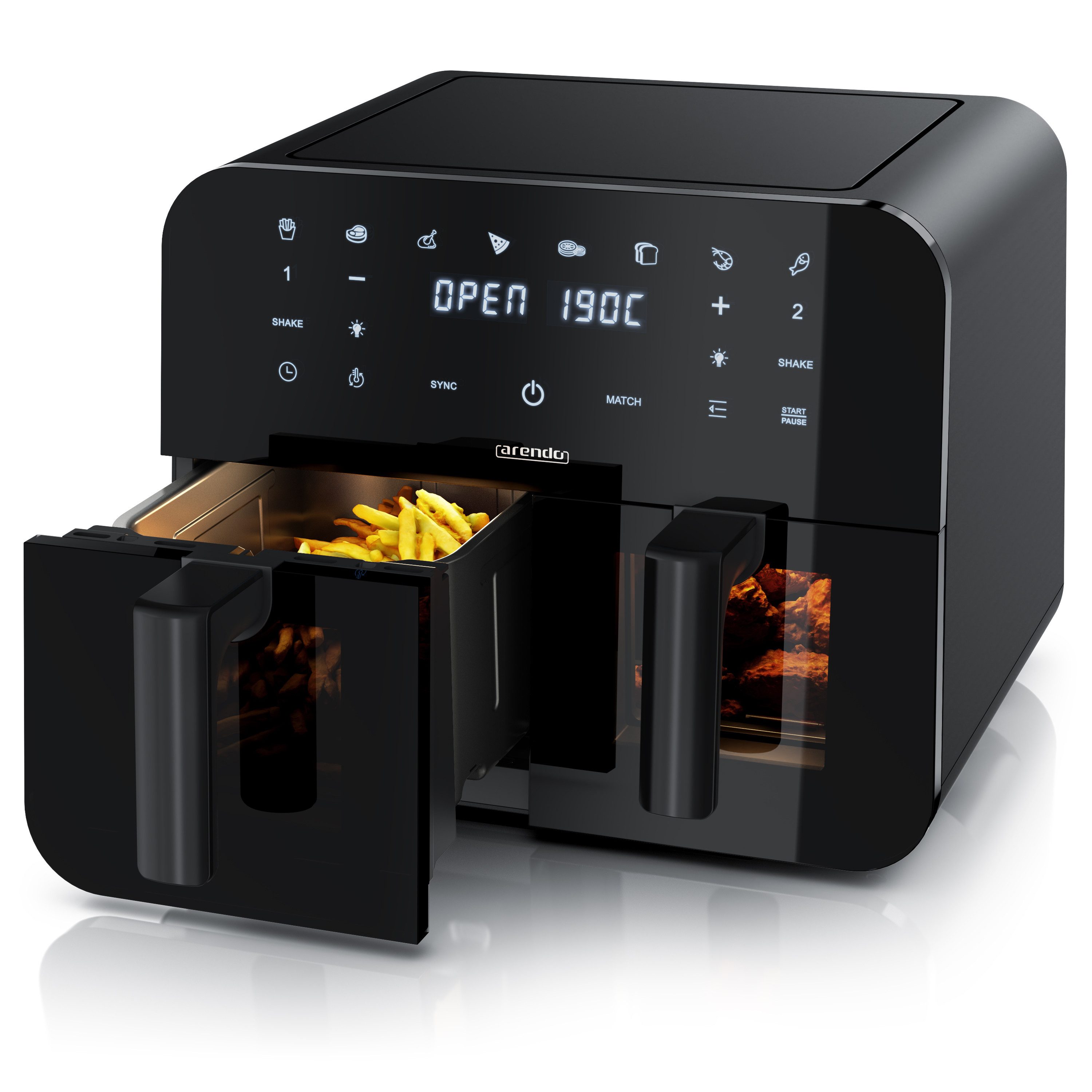 Arendo Heißluftfritteuse XXL Doppelkammer Airfryer 9L, Dual Zone, Sichtfenster mit Beleuchtung, 2400 W, mit Zubehör, Touchscreen, 3D Umluftsystem, fettarmes gesundes Kochen