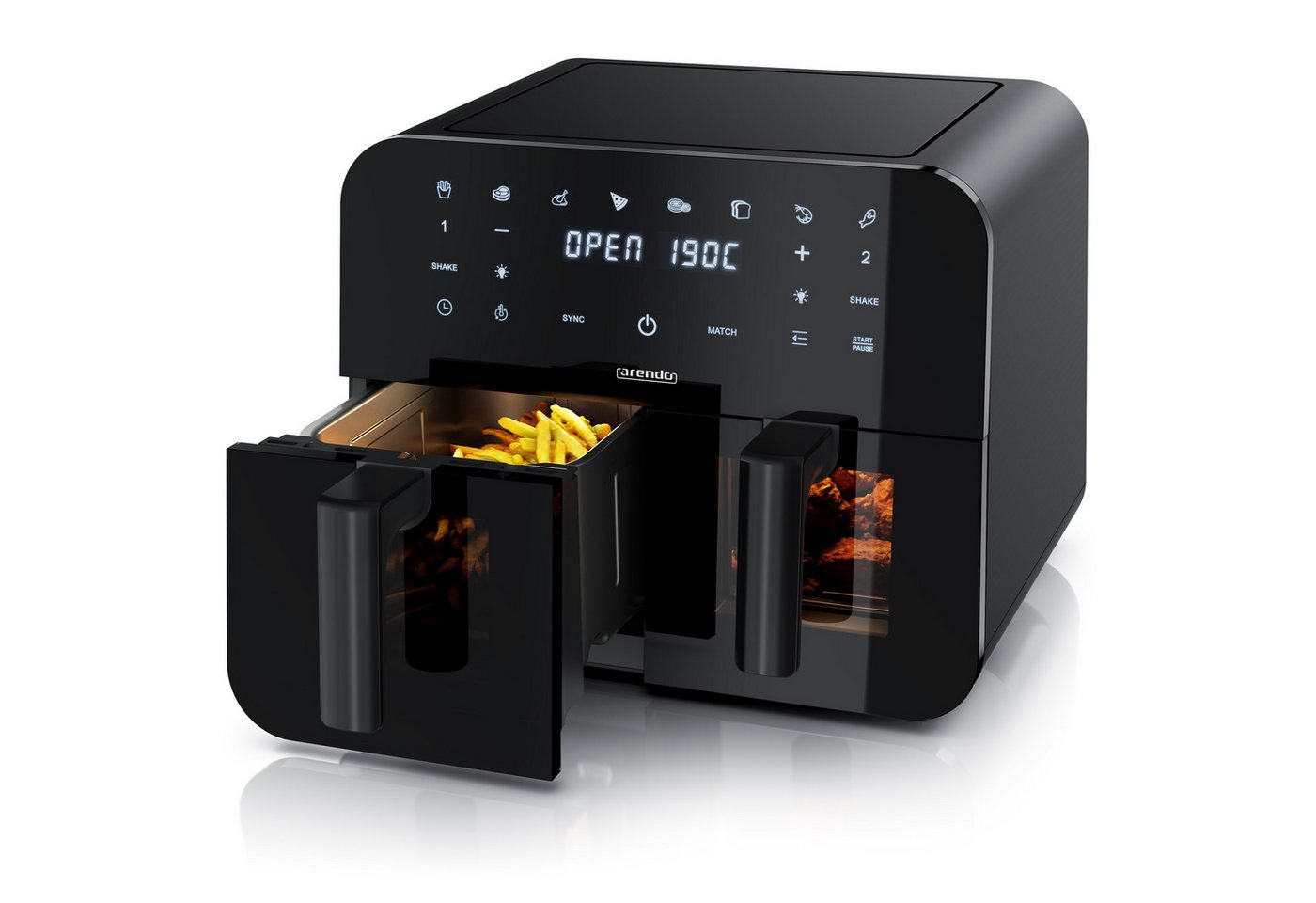Arendo Heißluftfritteuse XXL Doppelkammer Airfryer 9L, Dual Zone, Sichtfenster mit Beleuchtung, 2400 W, mit Zubehör, Touchscreen, 3D Umluftsystem, fettarmes gesundes Kochen