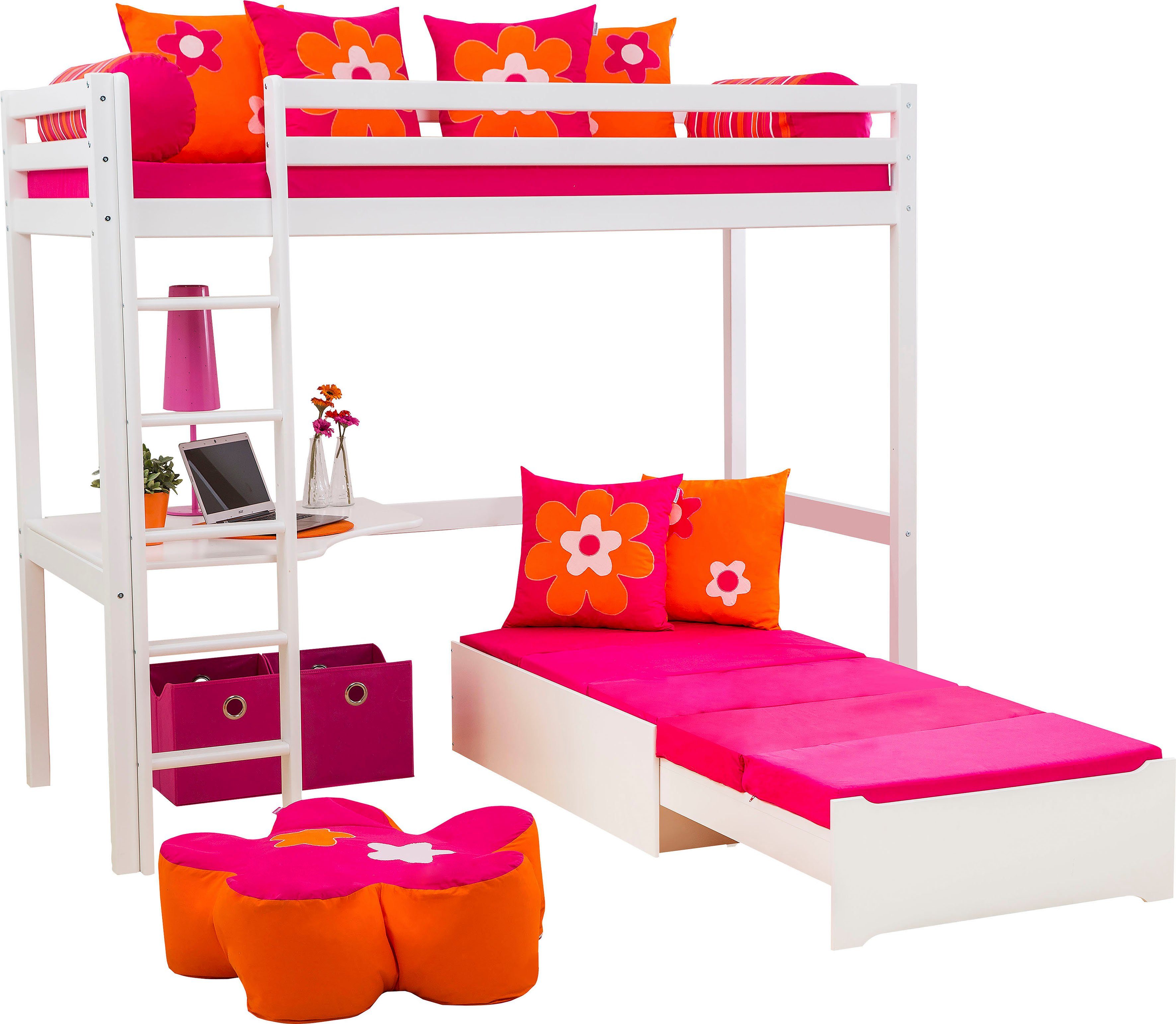 Hoppekids Hochbett ECO Kinderbett Loungesofa mit & Dream Schreibtisch pink