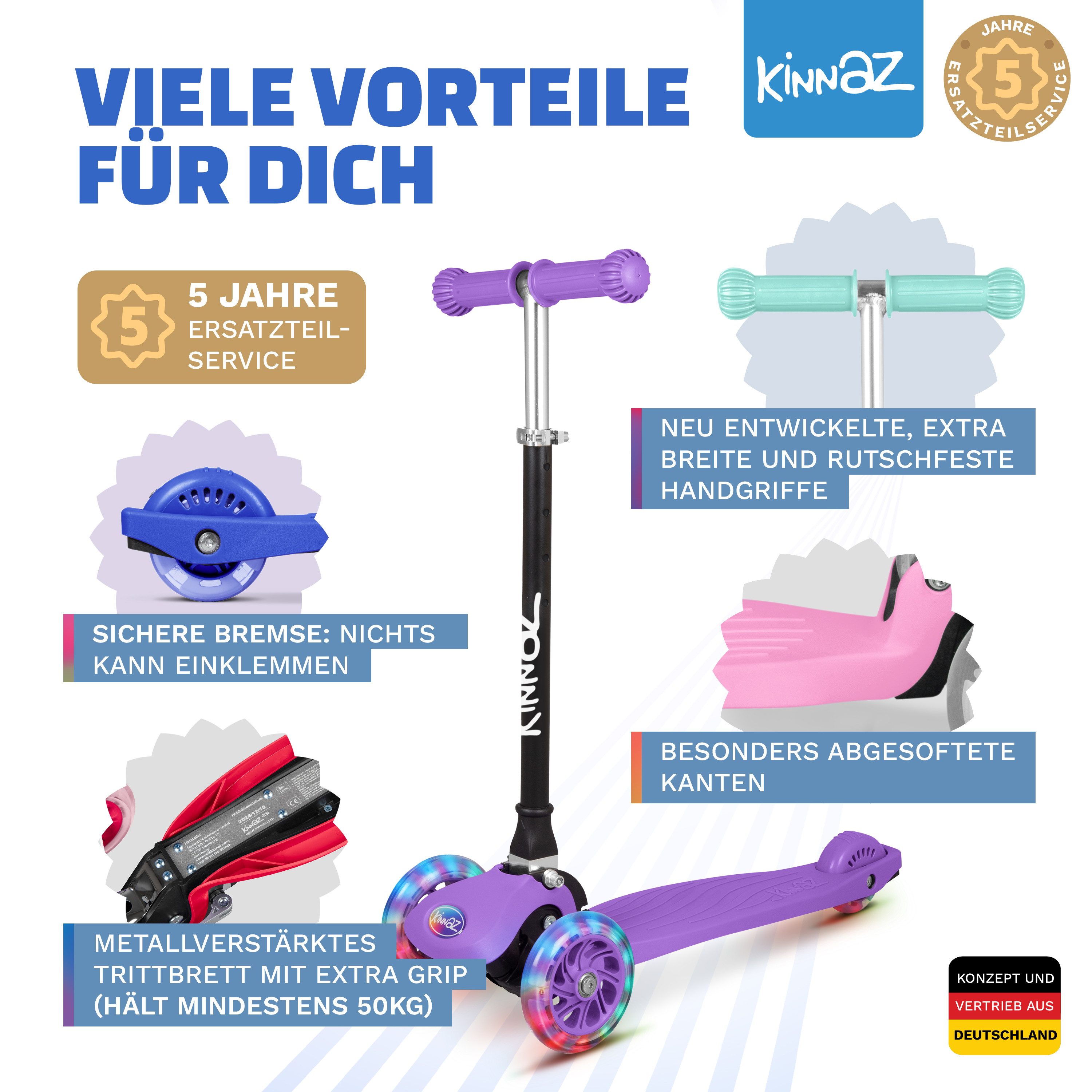 KINNAZ Dreiradscooter ab 2 Jahre LED, faltbar, Höhe flexibel, Kinderoller, Scooter, Roller, (Kinderroller, kinnaz ONE), Händler aus Hamburg – Bild 5 von 5