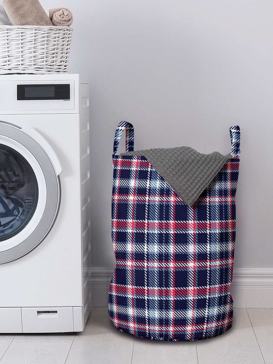 Retro Wäschesäckchen Wäschekorb für Griffen Kariert mit Kordelzugverschluss Abakuhaus Waschsalons, Plaid-Mosaik