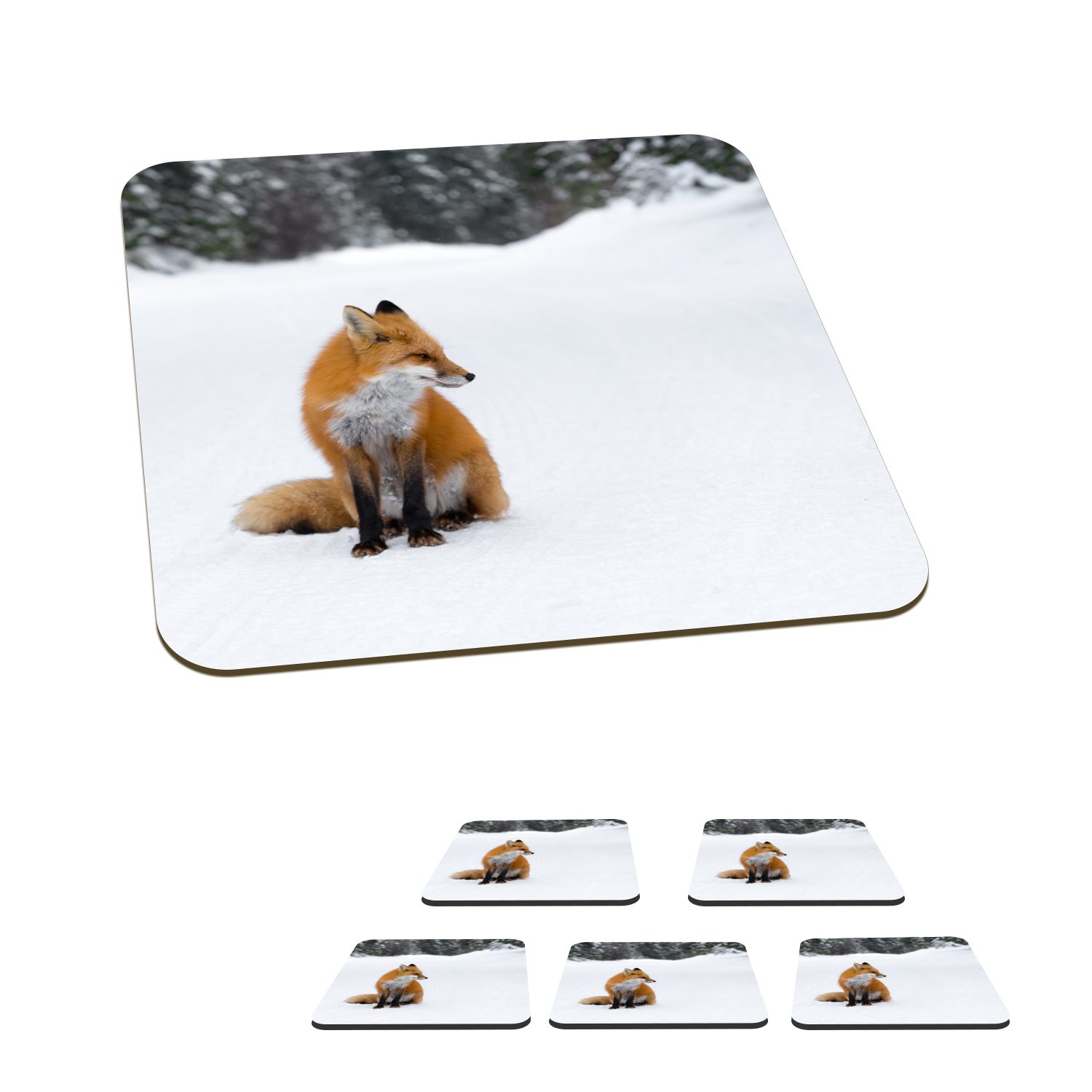 MuchoWow Glasuntersetzer Fuchs - Schnee - Winter, Zubehör für Gläser, 6-tlg., Glasuntersetzer, Tischuntersetzer, Korkuntersetzer, Untersetzer, Tasse