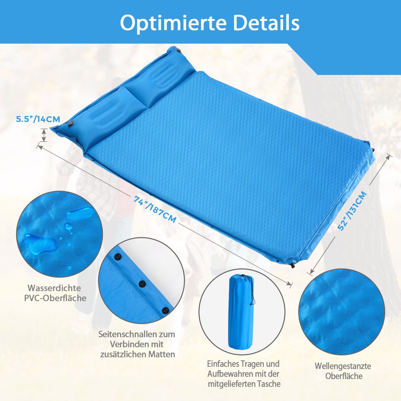 Blau Selbstaufblasend, Kissen, COSTWAY 2 Campingmatte Personen Isomatte, mit