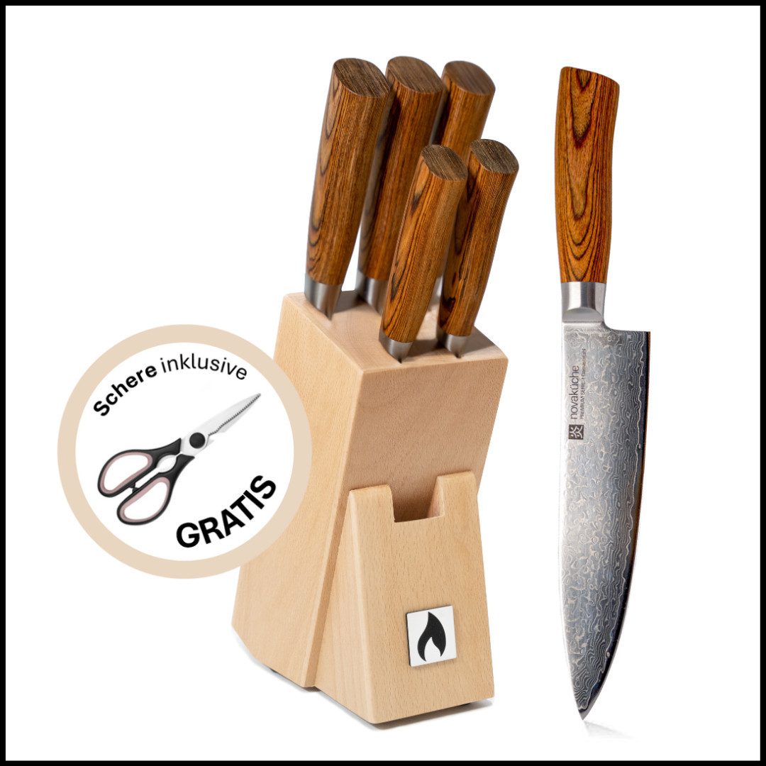 LIVINA HOME Messerblock 7-teiliges Messerset mit Messerblock, Block mit Damast Küchenmesser (6tlg), Damastmesser Japanischer Art, Geschenkbox, Black Friday Sale!