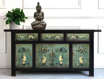 OPIUM OUTLET Kommode Sideboard im Vintage-Stil, Breite 170 cm, Tiefe 45 cm, Höhe 85 cm, Hochzeitsschrank grün-schwarz Holz, chinesisch asiatisch orientalisch fernöstlich, Kommode Shabby Schrank Büffet, komplett montiert, Wohnzimmer Schlafzimmer Diele Flur Esszimmer