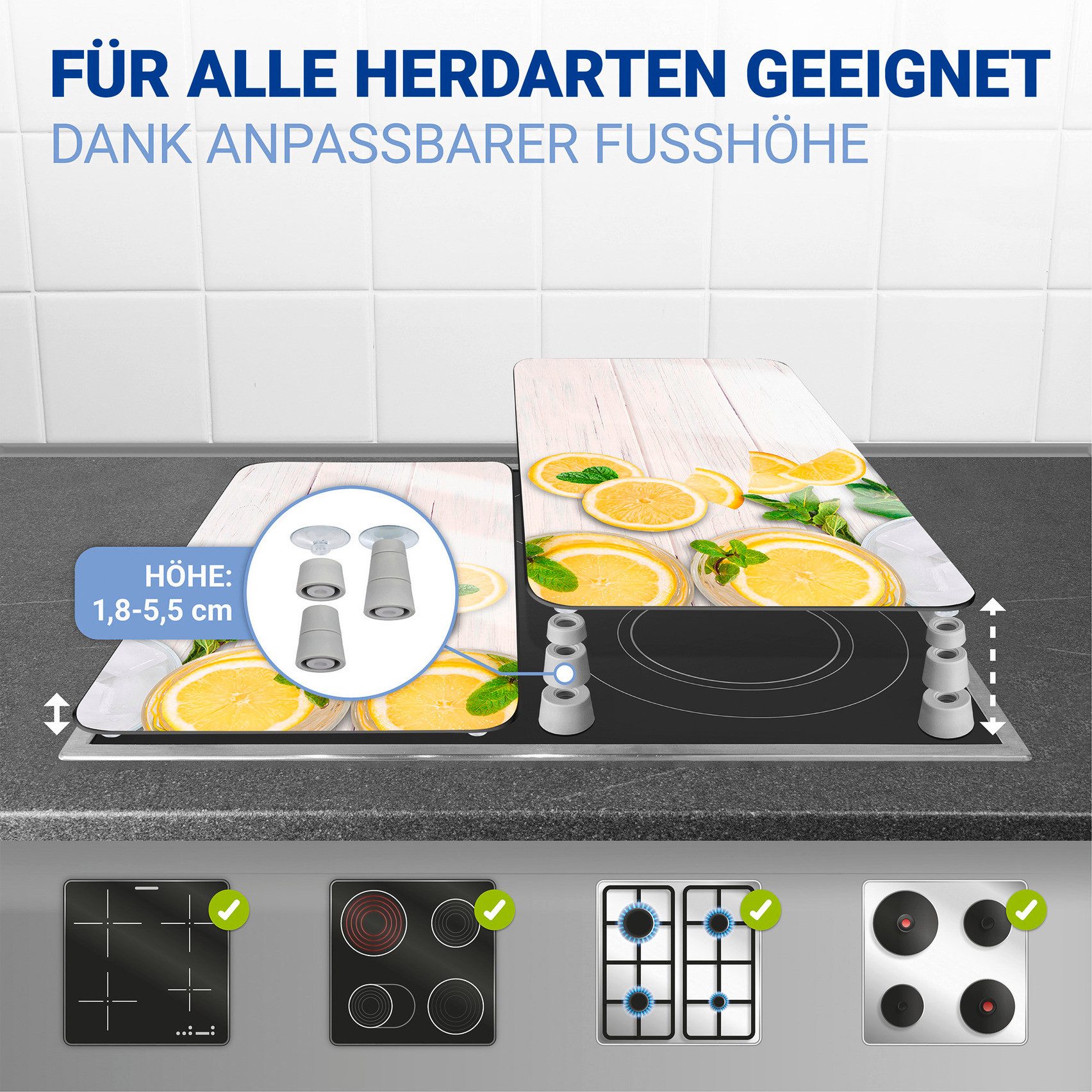 WENKO Herd-Abdeckplatte Universal Modell Zitronen, Glas, Kunststoff, (Set, 2 tlg), Herdabdeckung für alle Herdarten, kratzfest, mit rutschfesten Füßen