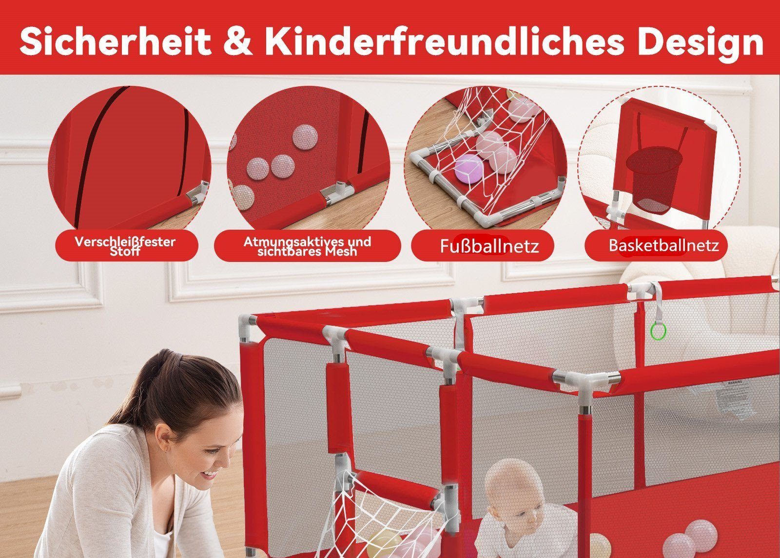 Comomy Laufstall, Baby Krabbelgitter+Basketball und Fußball-Netz günstig online kaufen