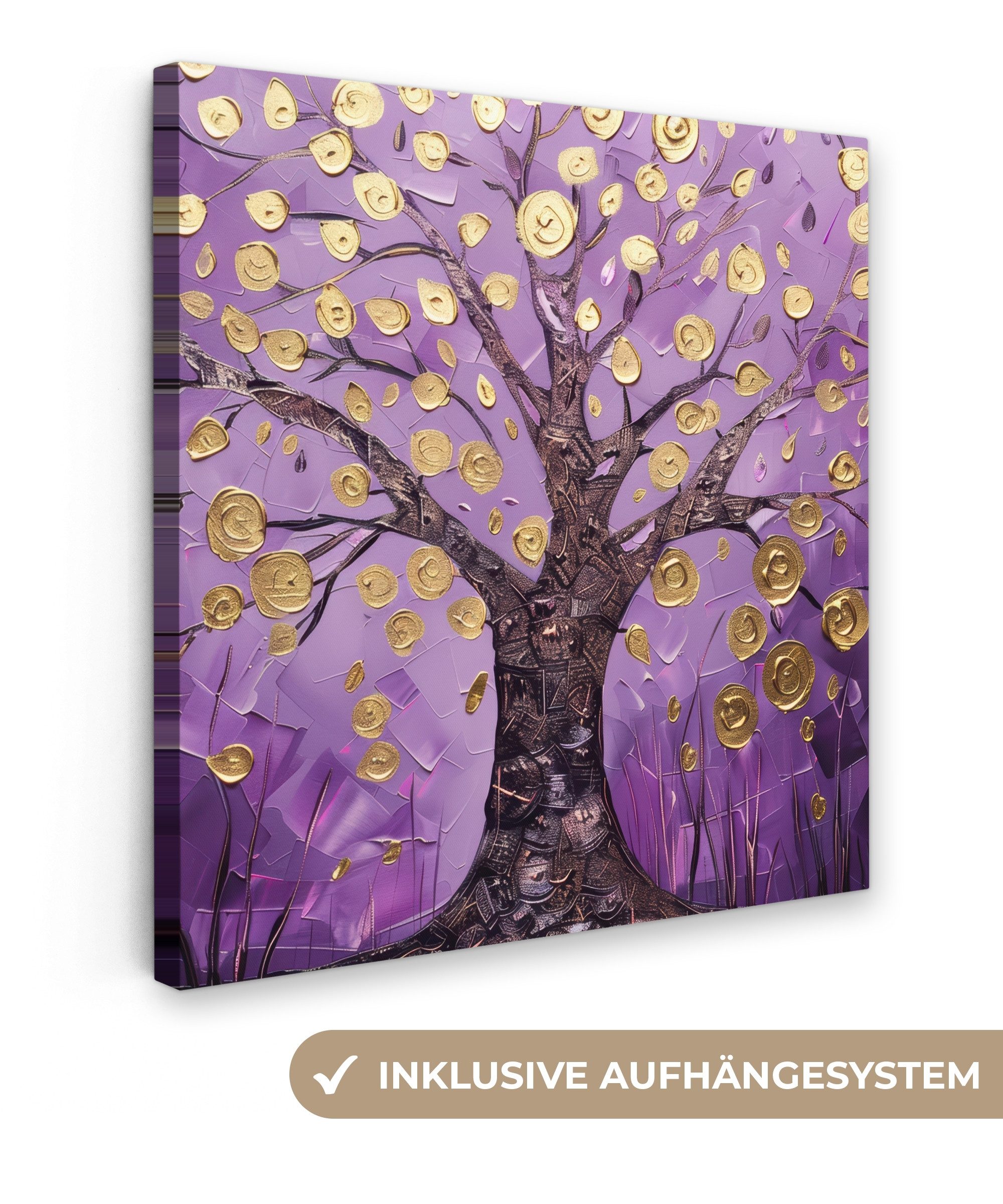 OneMillionCanvasses® Leinwandbild Baum des Lebens - Lila - Gold - Modern, Fotodruck (1 St), Wandbild, Deko Schlafzimmer Wohnzimmer Flur 20x20 cm