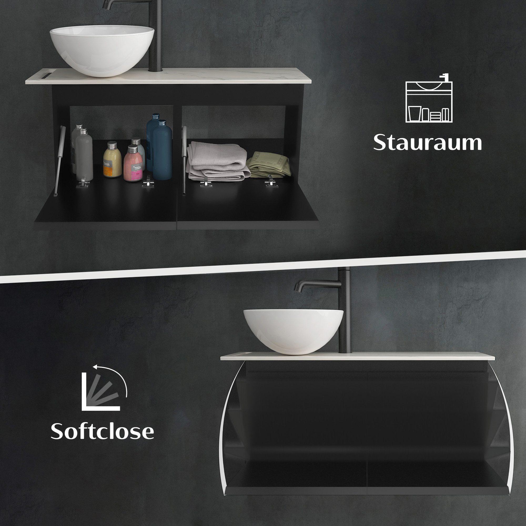 Alpenberger Badmöbel-Set mit Aufsatzwaschbecken Waschtisch mit Unterschrank & Keramikplatte, (Waschbeckenunterschrank hängend, Waschtischunterschrank mit Softcl – Bild 4 von 5