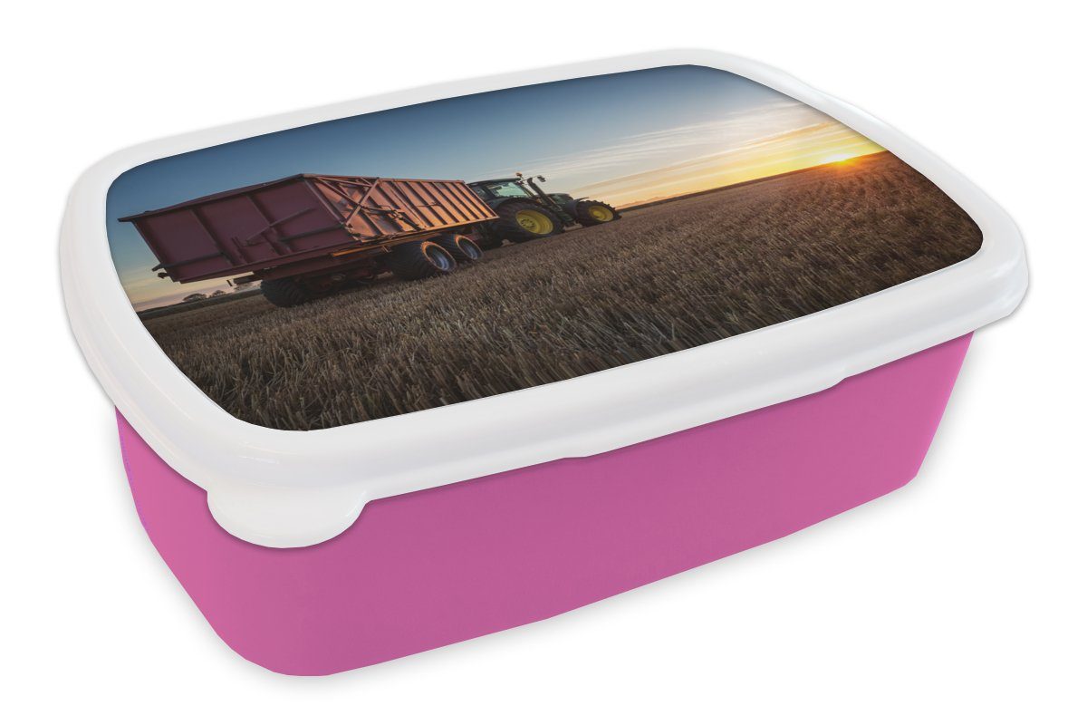 Snackbox, - Erwachsene, Kunststoff Landleben, - Horizont Kunststoff, Brotbox Grün Traktor Sonnenuntergang Brotdose Lunchbox (2-tlg), Mädchen, MuchoWow - Grün für - rosa - Kinder,