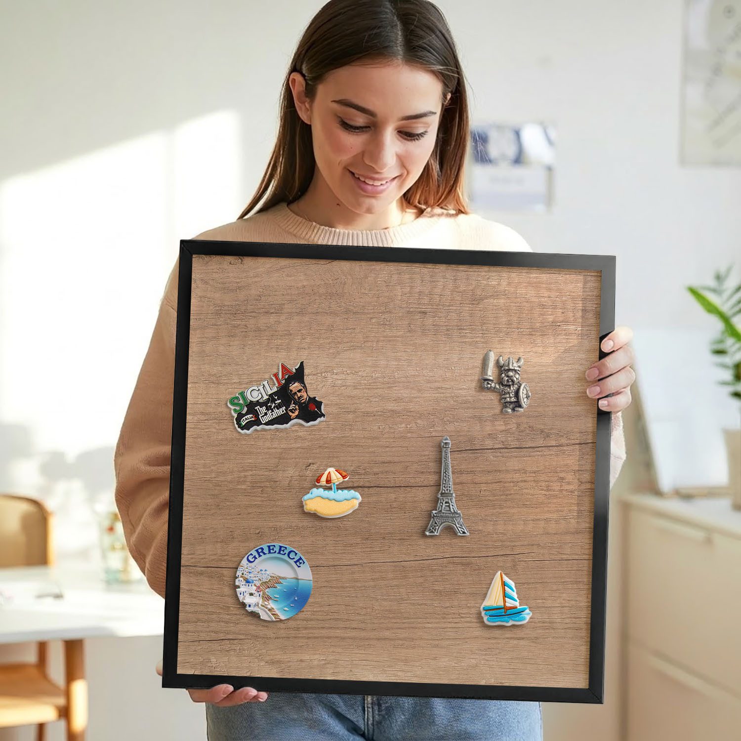 Tulup Magnettafel Magnettafel mit Rahmen für Küche Wohnzimmer und Büro, Holzstruktur, Braun