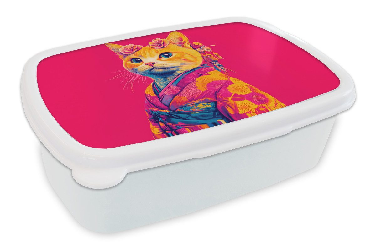 MuchoWow Lunchbox Katze - Kimono - Blumen - Rosa, Kunststoff, (2-tlg), Brotdose Schule oder Arbeit, Brotbox für Kinder und Erwachsene
