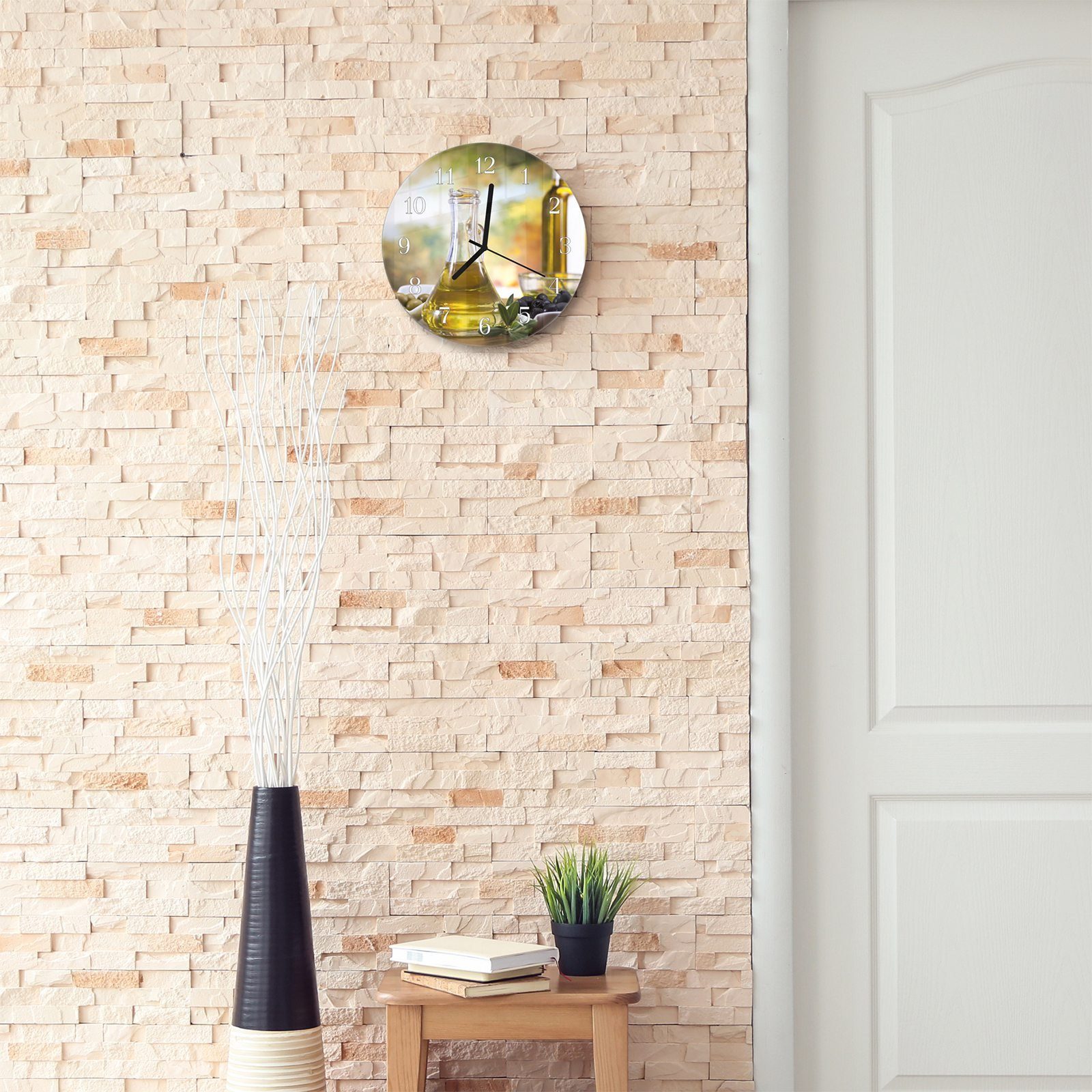 Wanduhr Quarzuhrwerk - aus mit Durchmesser Olivenöl Primedeco mit Glas 30 Motiv Rund cm und Wanduhr