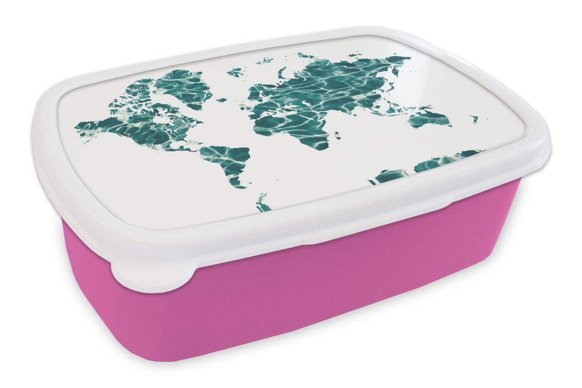 MuchoWow Lunchbox Weltkarte - Meer - Weiß, Kunststoff, (2-tlg), Brotbox für Erwachsene, Brotdose Kinder, Snackbox, Mädchen, Kunststoff rosa