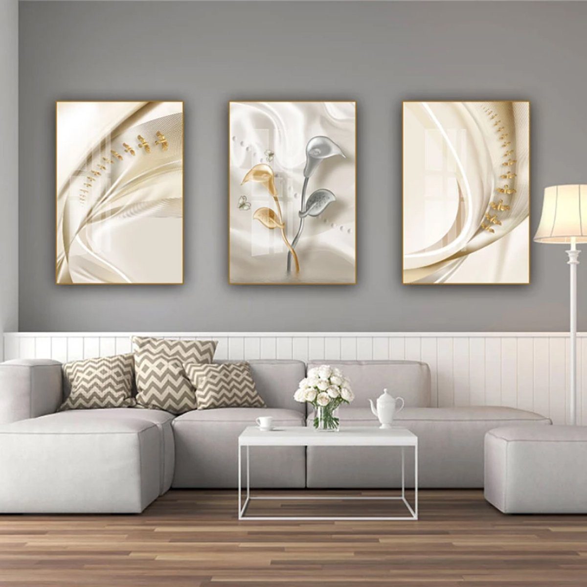 TPFLiving Kunstdruck (OHNE RAHMEN) Poster - Leinwand - Wandbild, Abstrakte  Strukturen - Wanddeko Wohnzimmer - (13 verschiedene Größen zur Auswahl -  Auch im günstigen 3-er Set), Farben: Beige, Weiß, Gold - Größe: 30x42cm