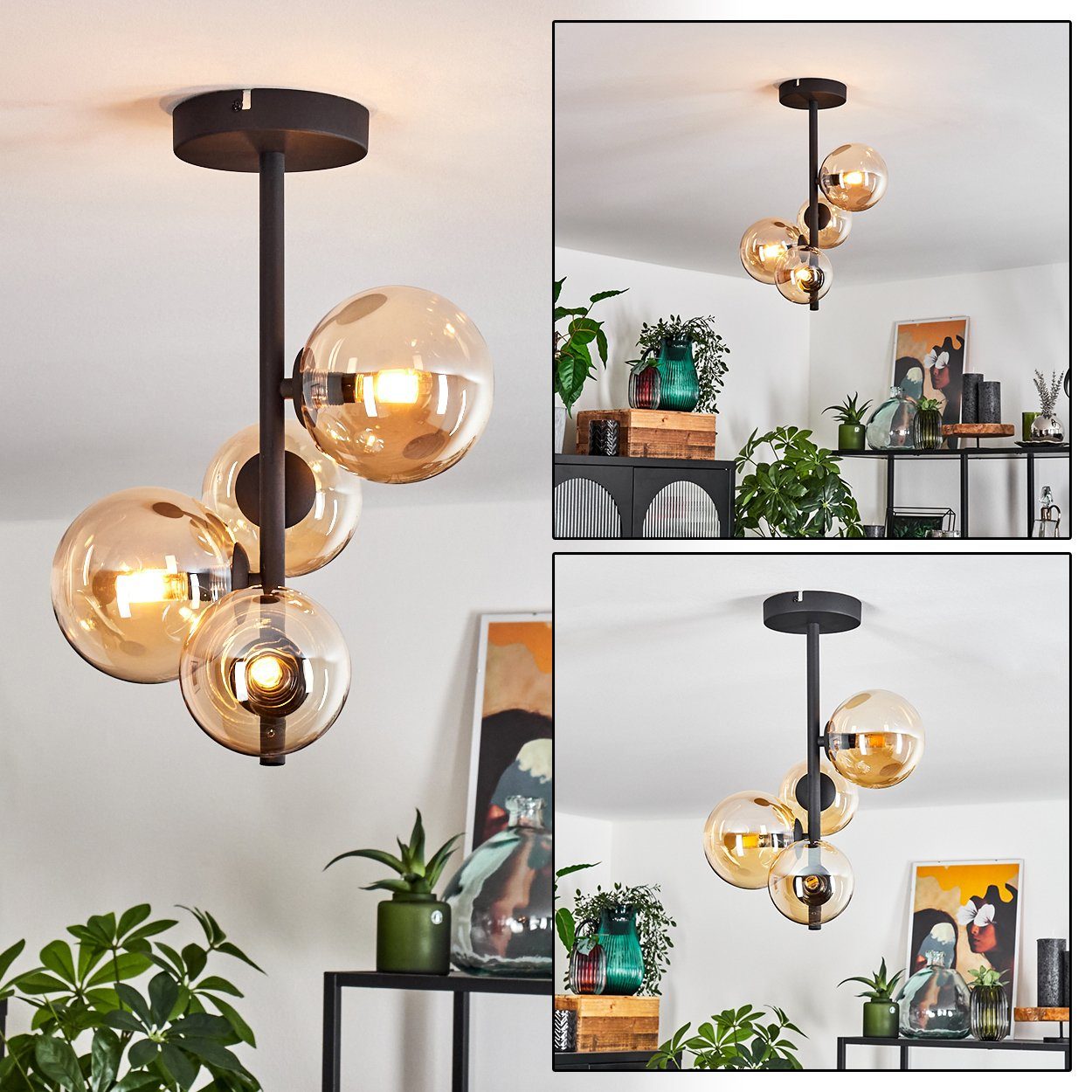 hofstein Deckenleuchte Deckenlampe aus Metall/Glas in Schwarz/Bernsteinfarb günstig online kaufen