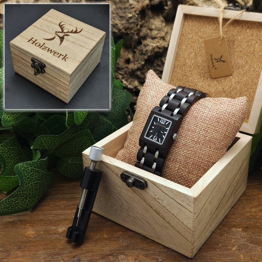 Holzwerk Quarzuhr kleine Damen Eckig, schwarz silber Uhr, HOYA Armband Holz &