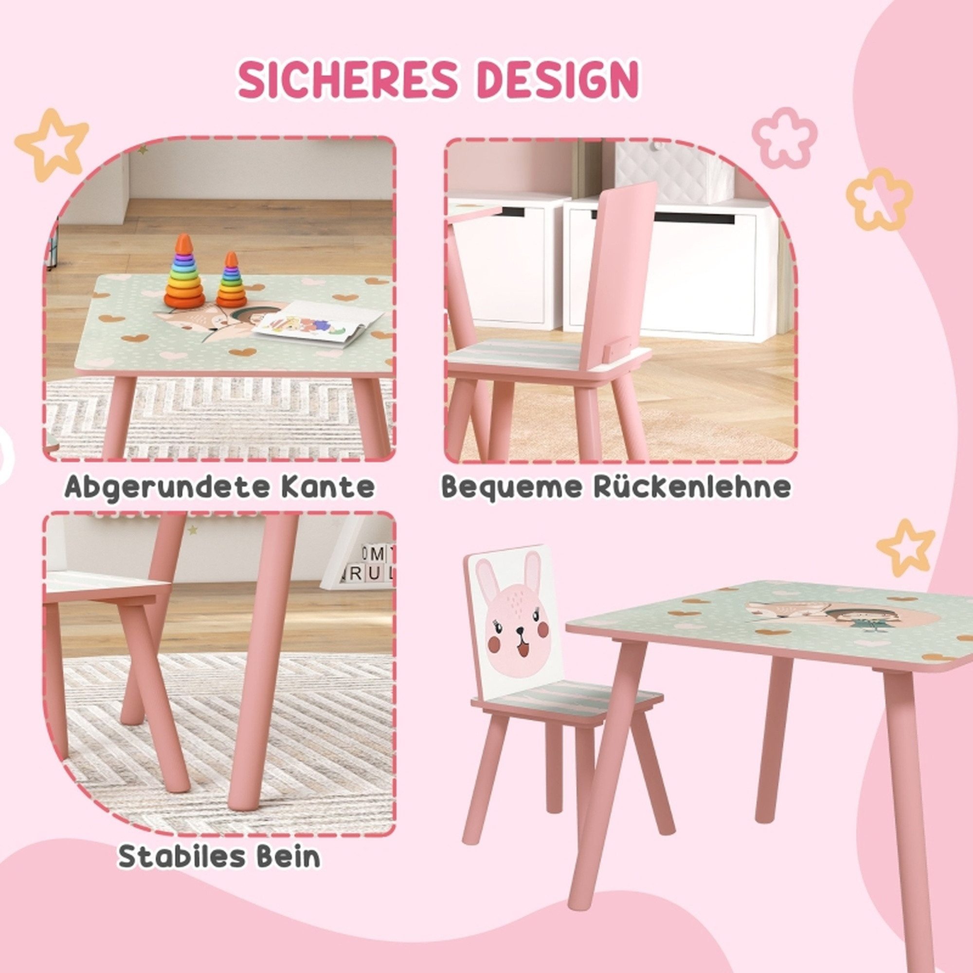 MC Star Kindersitzgruppe aus Kiefernholz, Tisch mit 2 Stühlen, Tiermotiv, Kinderzimmer, (3-8 Jahre, Rosa)