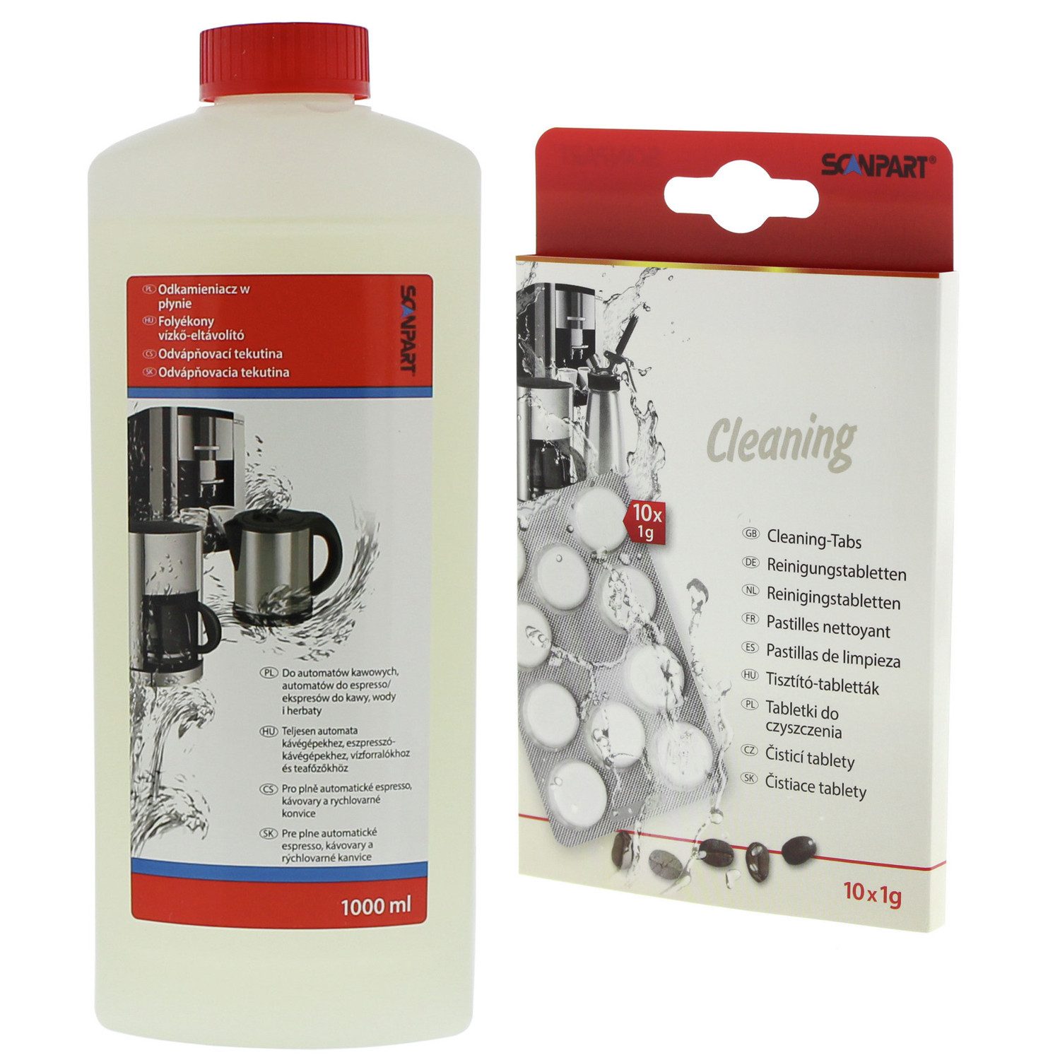Scanpart Entkalker + Reinigungstabletten für Kaffeemaschinen Reinigungstabletten (Entkalker 1 Liter + 10 Tabletten zur Reinigung)