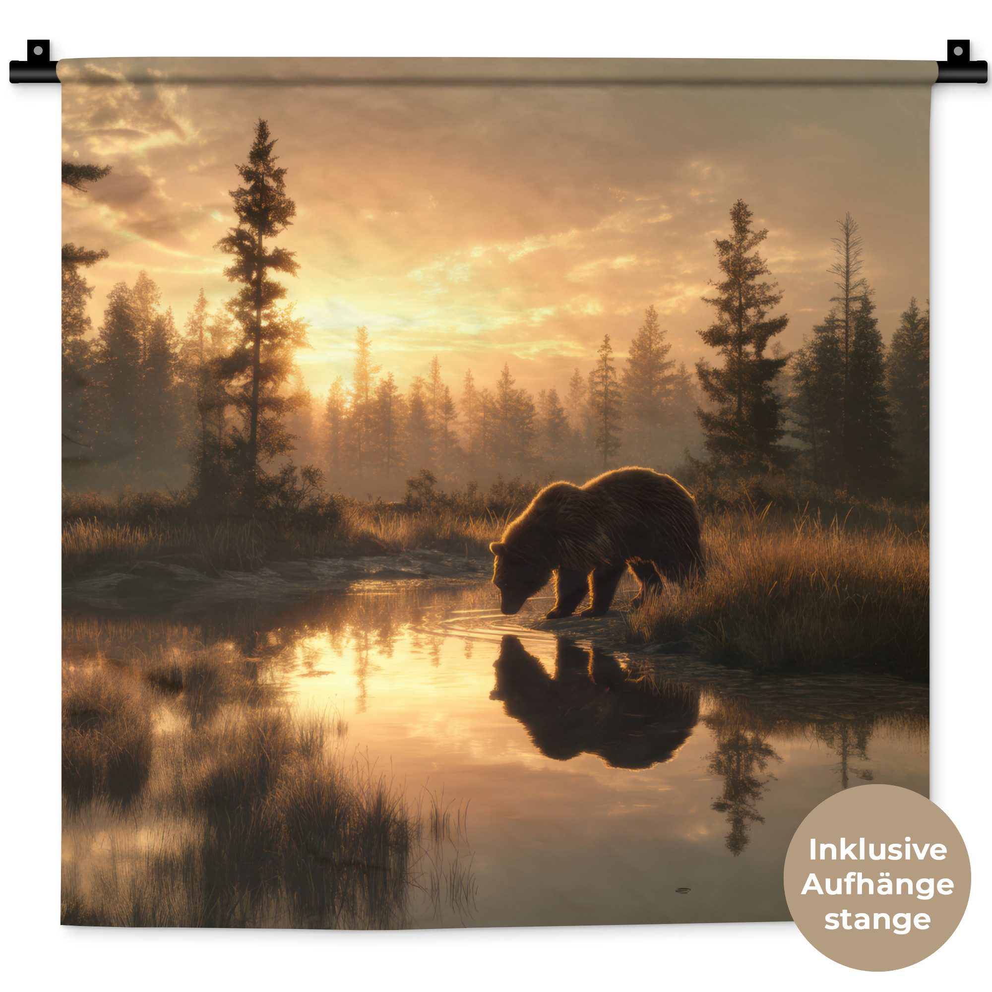 MuchoWow Wandteppich Bär - Wasser - Wald - Morgenlicht, Quadratisch, Höhe: 3 mm, Wand Teppich, Deko für an den Wand, 60x60 cm