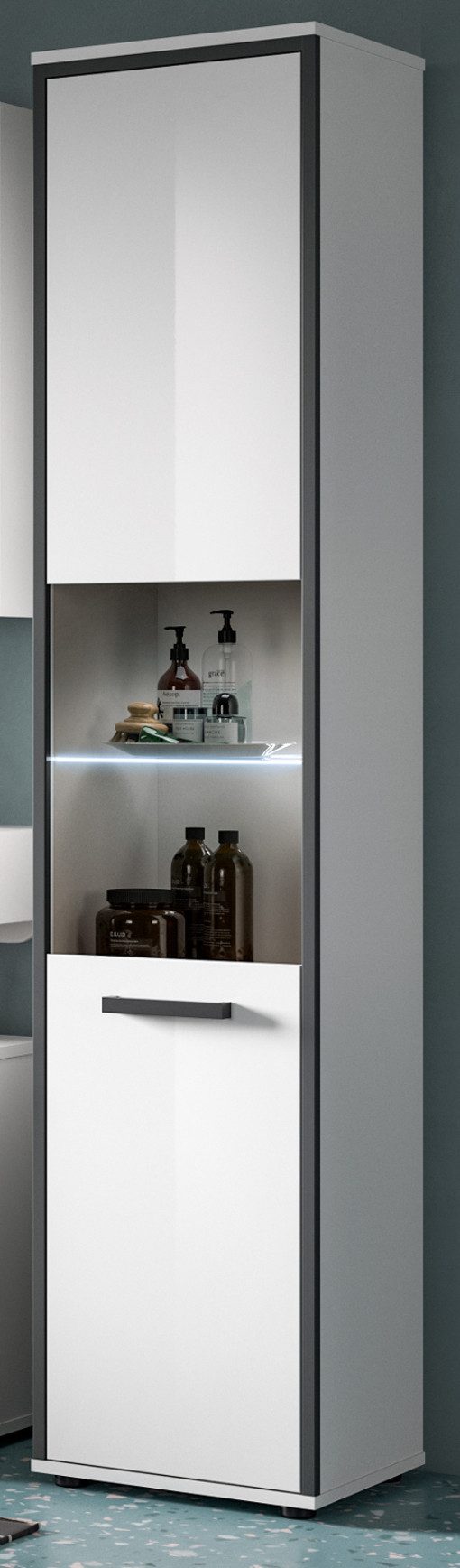 Inn.Furn Hochschrank Telly (großer Badschrank Weiß Hochglanz mit Grau, 40 x 188 cm) 6 Fächer