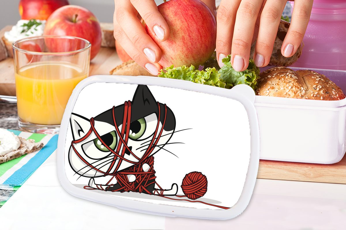 Mädchen und Jungs - weiß MuchoWow Kunststoff, Brotdose, und für für Brotbox Rot, Kinder Lunchbox - Wolle Erwachsene, Katze (2-tlg),