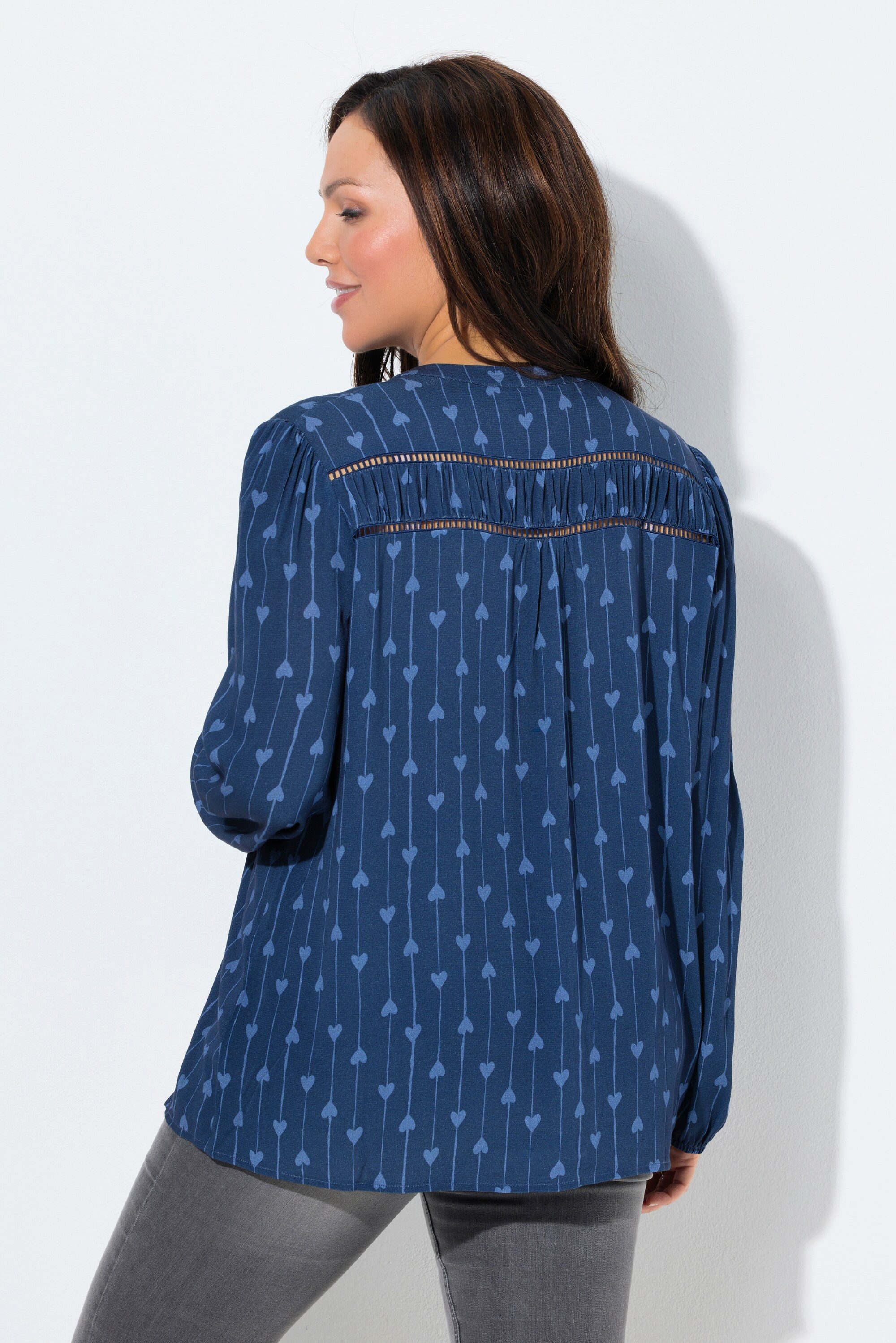 Ulla Popken Satinbluse Bluse Herzen A-Linie Tunika-Ausschnitt Langarm – Bild 3 von 4