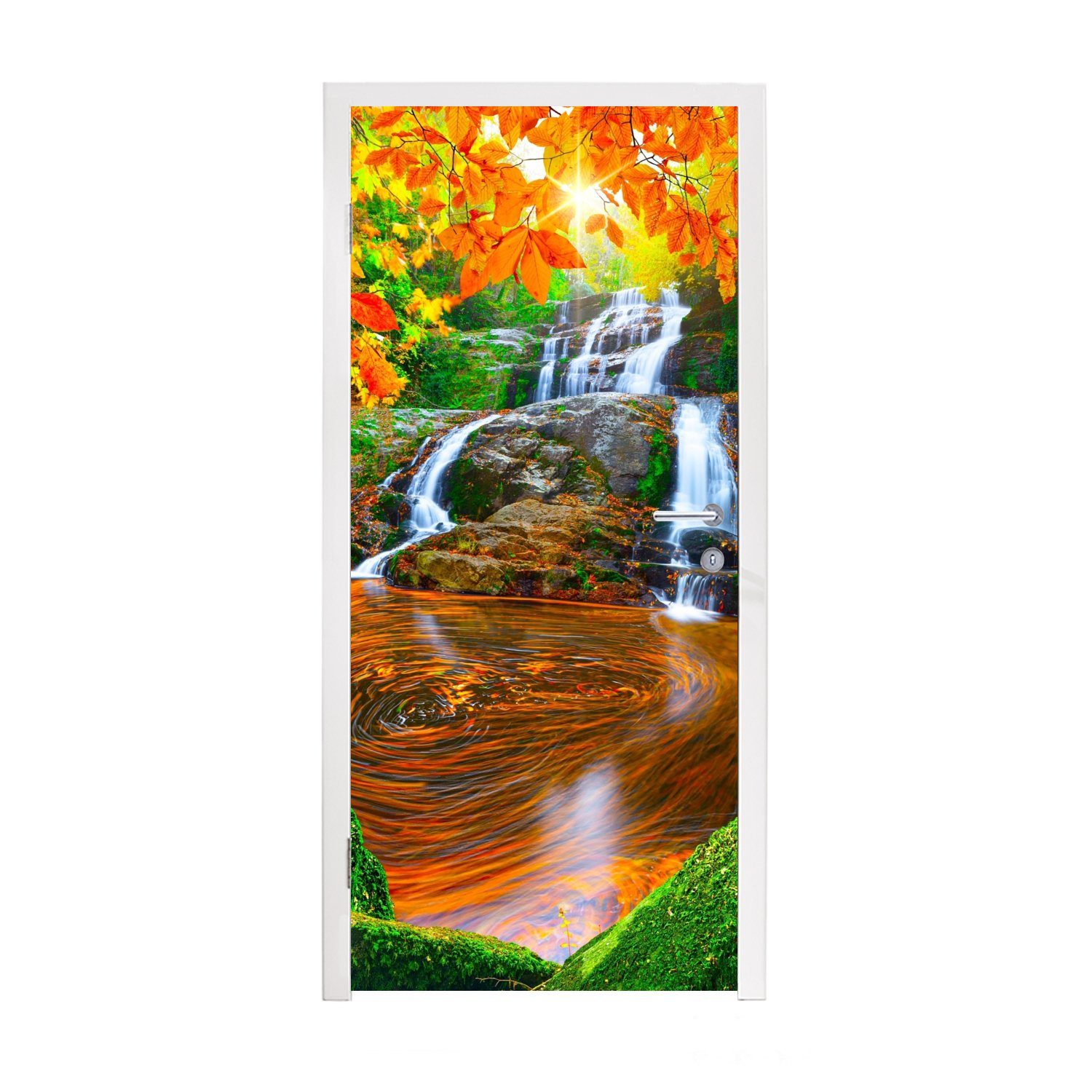 MuchoWow Türtapete Natur - Wasserfall - Steine - Moos - Blätter - Grün, Matt, bedruckt, (1 St), Fototapete für Tür, Türaufkleber, 75x205 cm