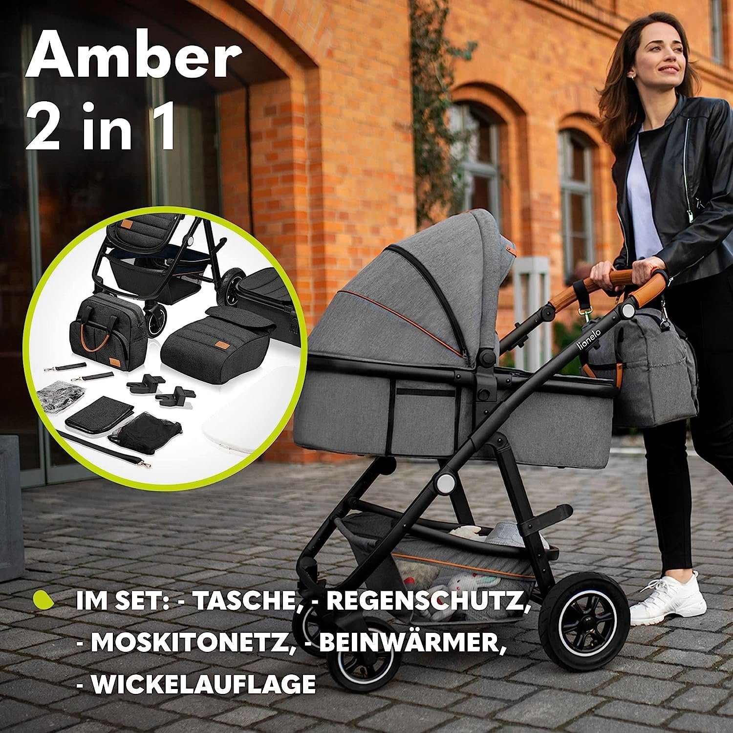 Tasche Amber, Moskitonetz Regenschutz Schutzüberzug Grau 2in1 lionelo Kombi-Kinderwagen