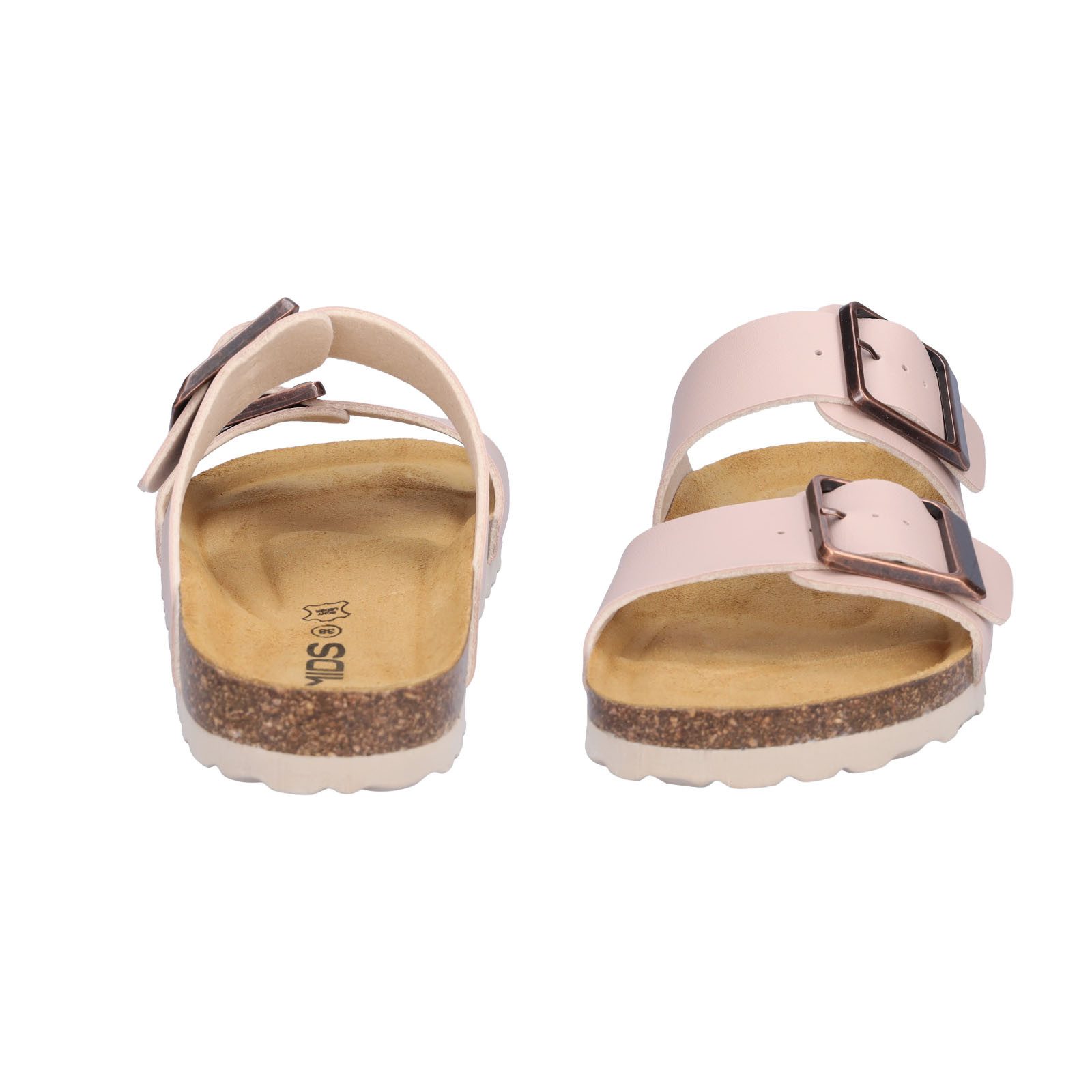 MIDS MIMI Damen Pantolette rosa, Zweiriemer, bronzefarbene Schnalle & ergonomisches Lederfußbett